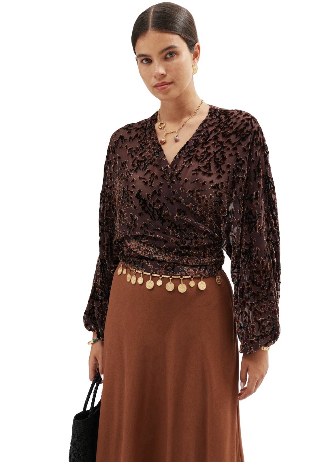 RIXO Cody Silk-Velvet Blouse in Lucia Devore Brown – Size Medium NWOT