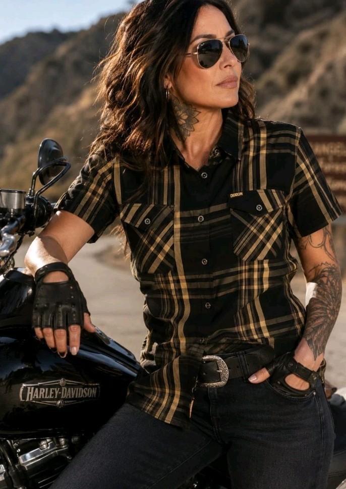 Dixxon The XXXpresso Womens Shirt Large Black Gold Plaid Bamboo Short Sleeve