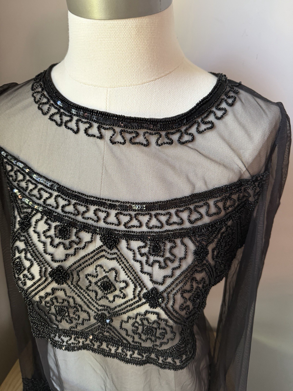 Vintage Y2K Goth Black Ornate Beaded Sequin Mesh Sheer Top Large
