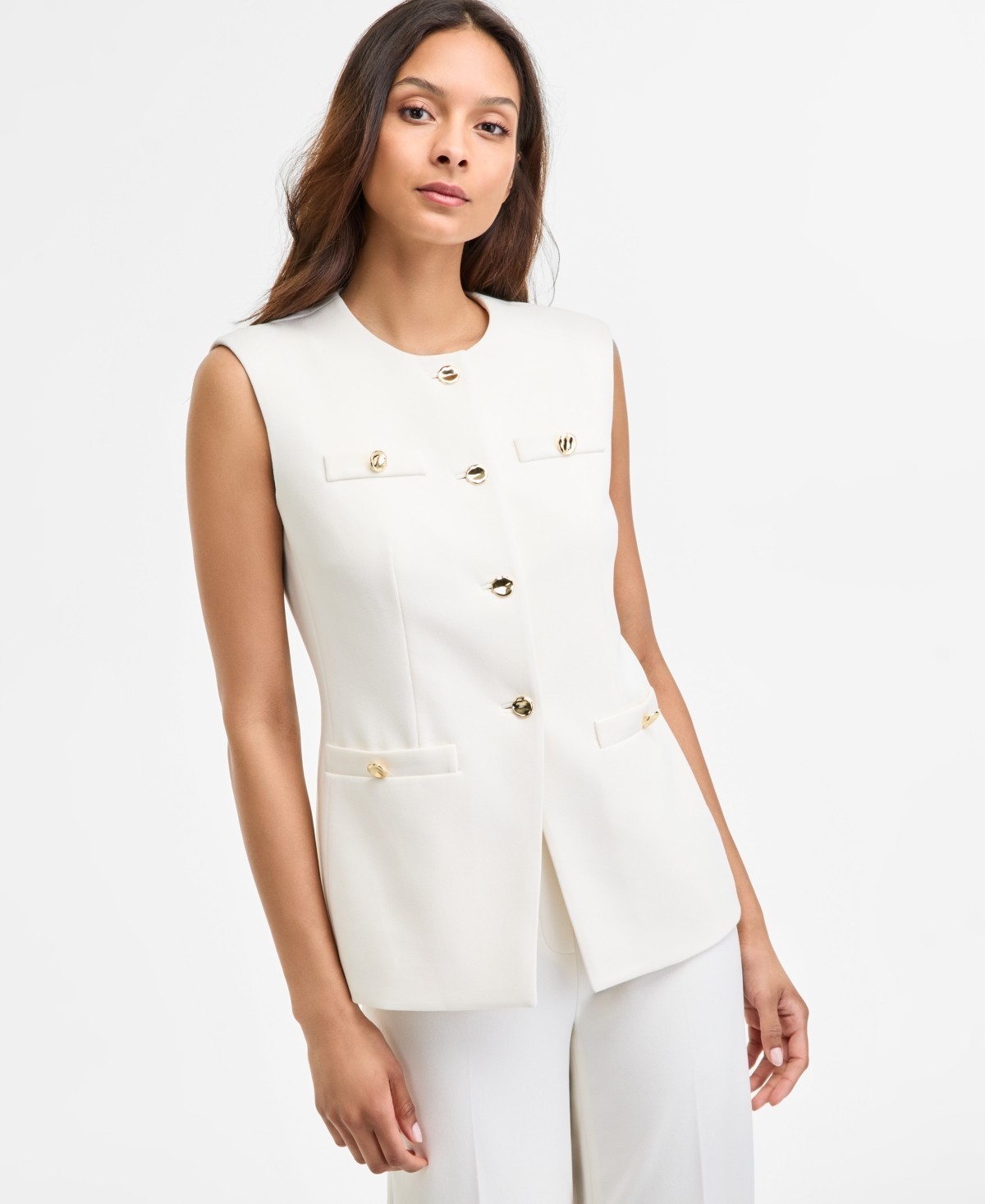 Anne Klein Stretch Crepe Four-Button Tailored Vest Women’s 16 White Dove Solid