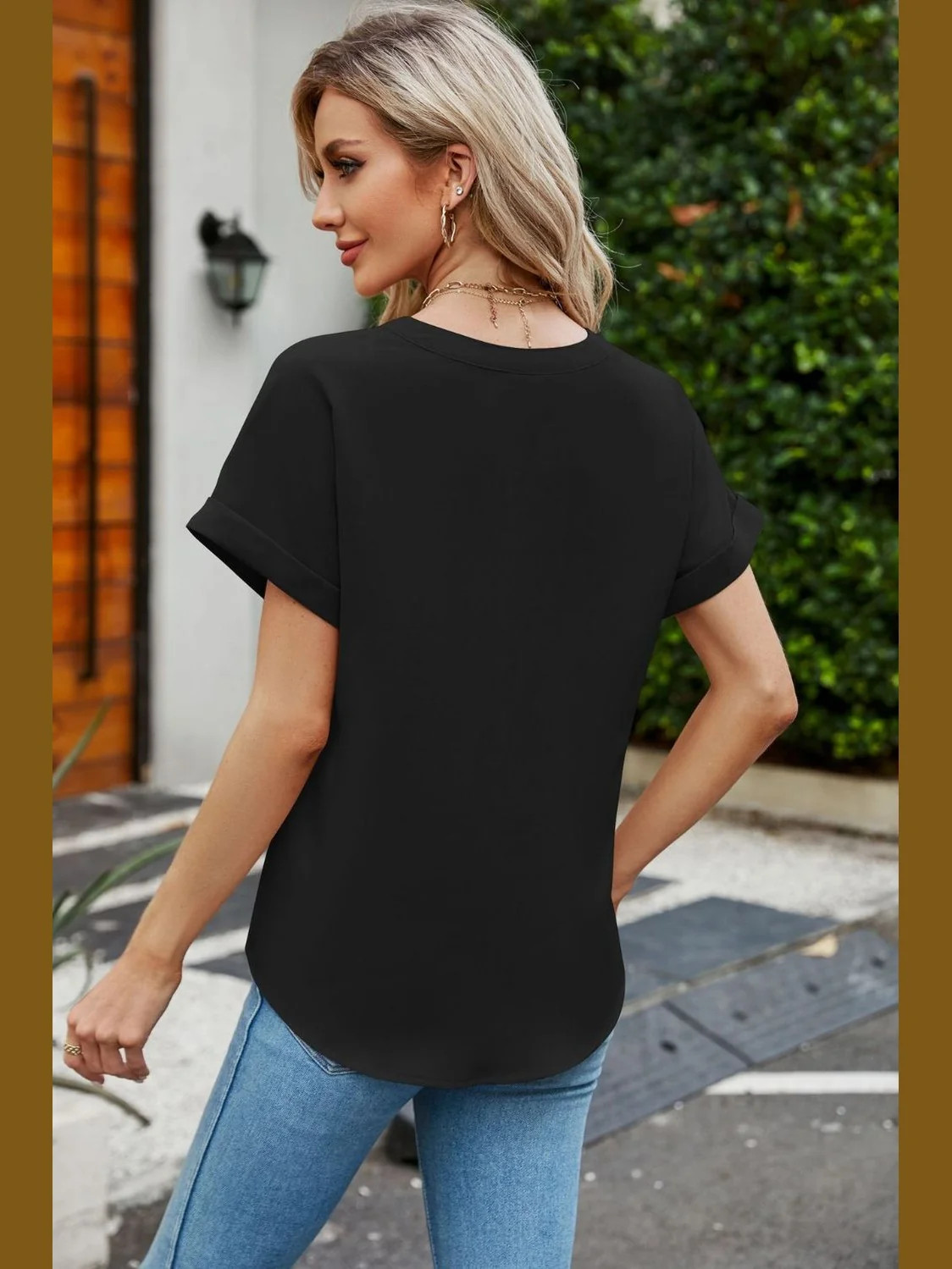 Women Notched Neck Cuffed Sleeve Shirt