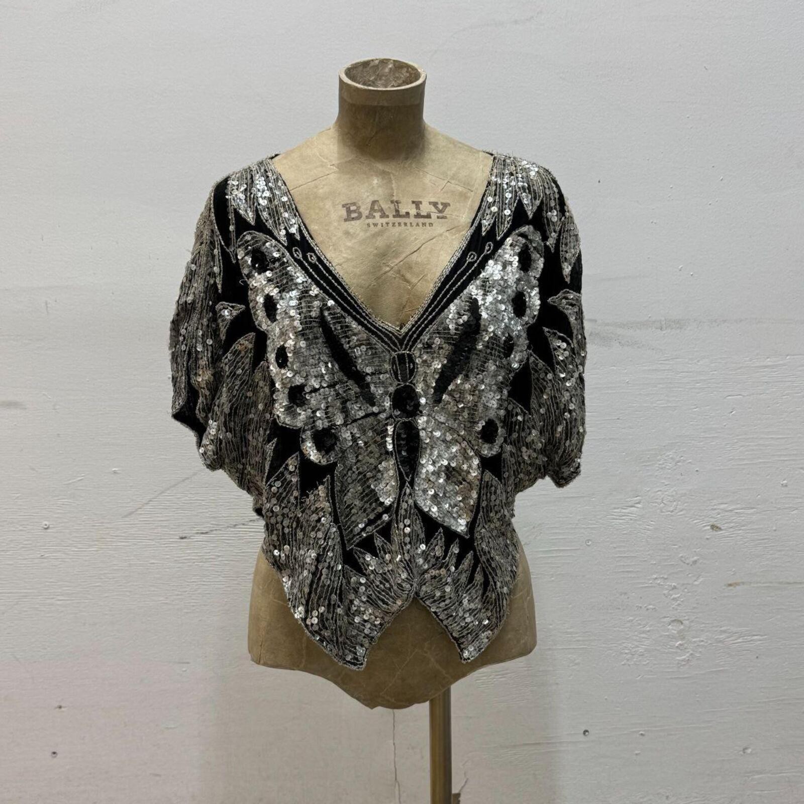 Vintage Broadway Costume 70s Silver Sequin Beaded Butterfly Silk Fairy Top