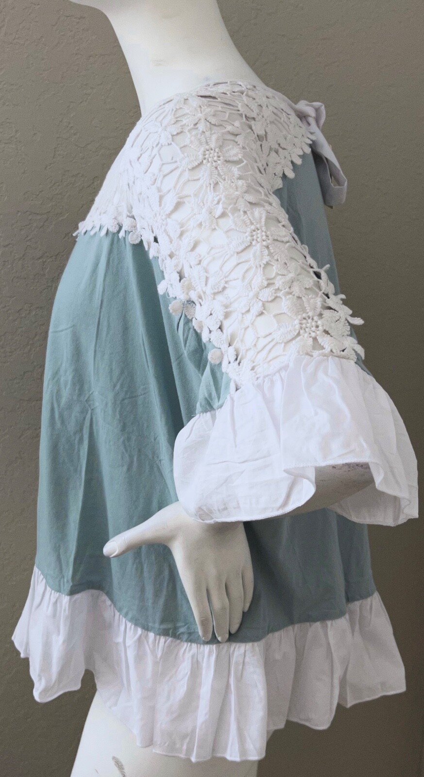 A’reve Crochet Lace Inset Top w/ Ruffle Hem Mint Blue White Plus XL 1XL 2XL New!