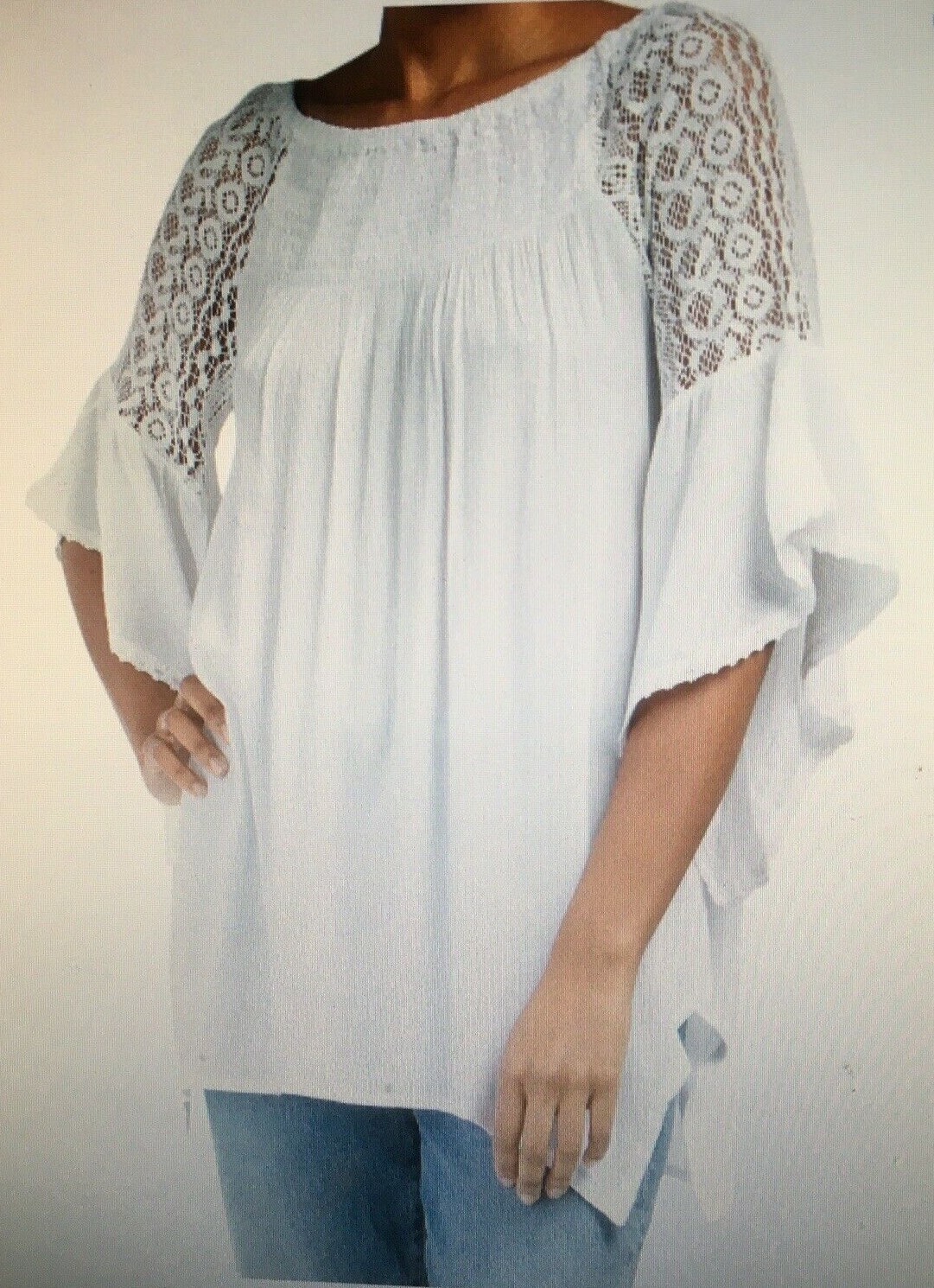NWT Womens Tunic Blouse Top Size Medium Easy Fit Lace Bell Sleeve Natural Fabric