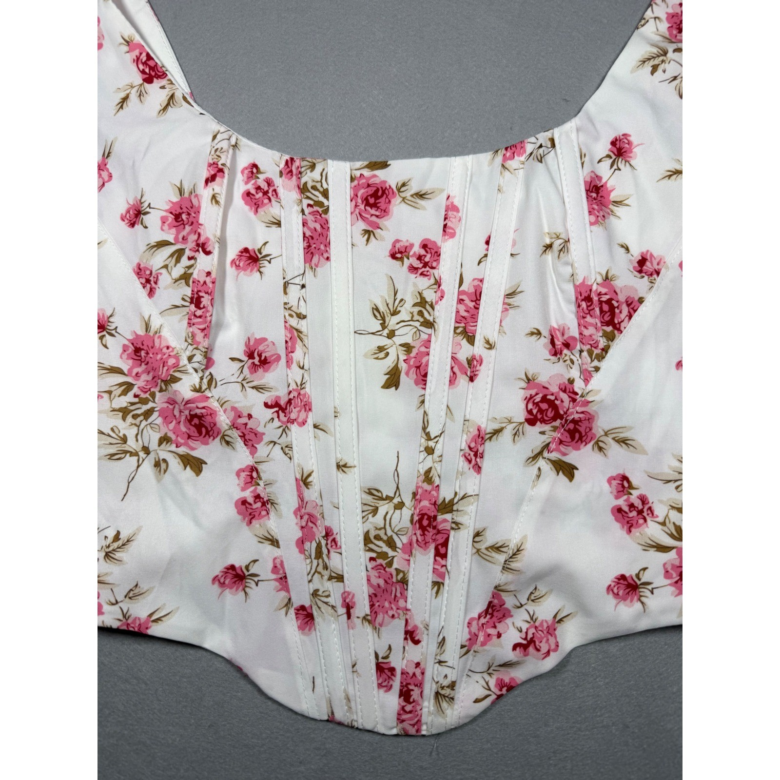 Ren Faire Fairy Cottagecore Marthea Floral Corset White Pink Rose Print XS