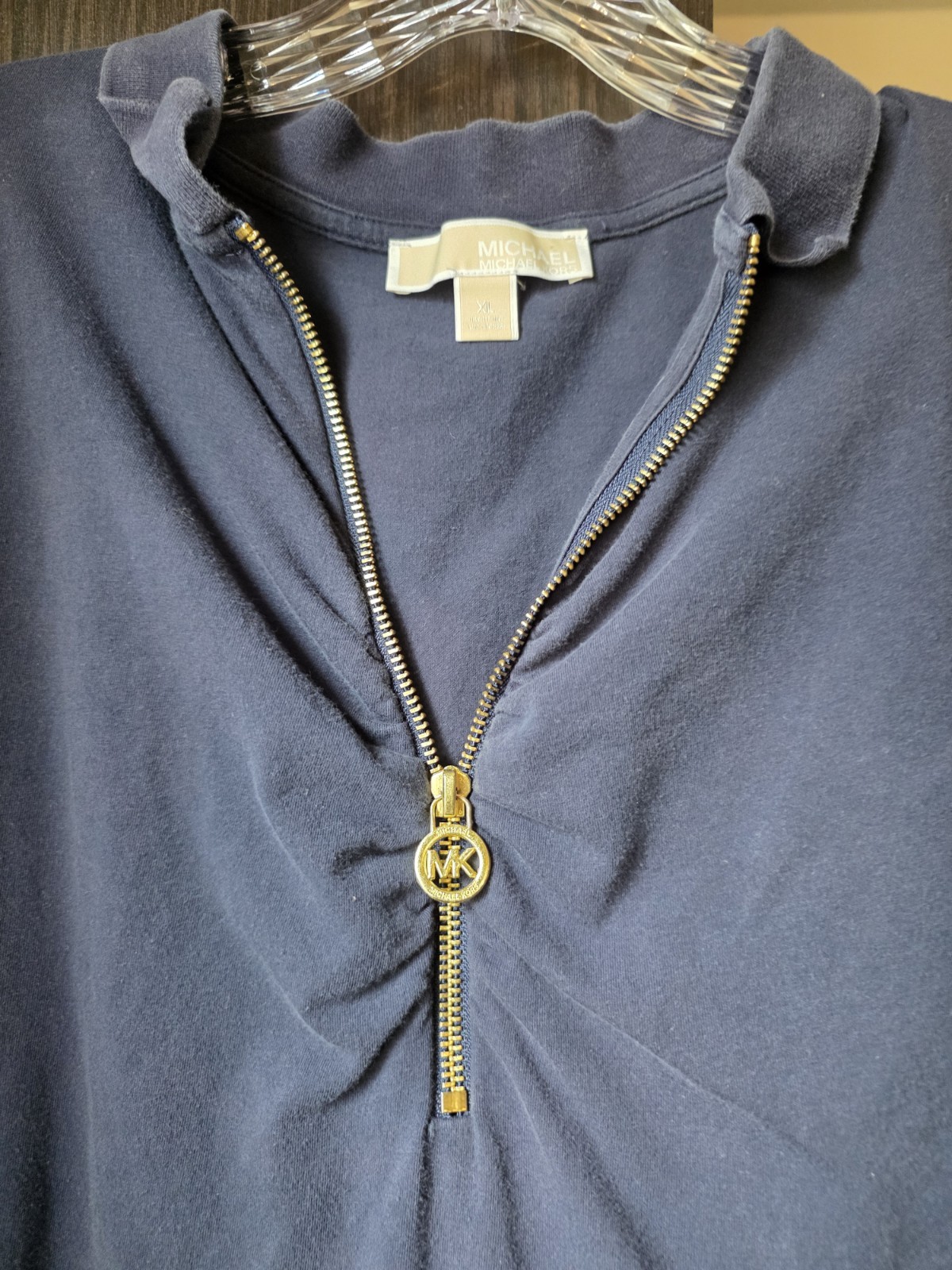 Michael Kors MK Ruched 1/2 Zip Polo T-Shirt Top Admiral Blue Womens Size XL