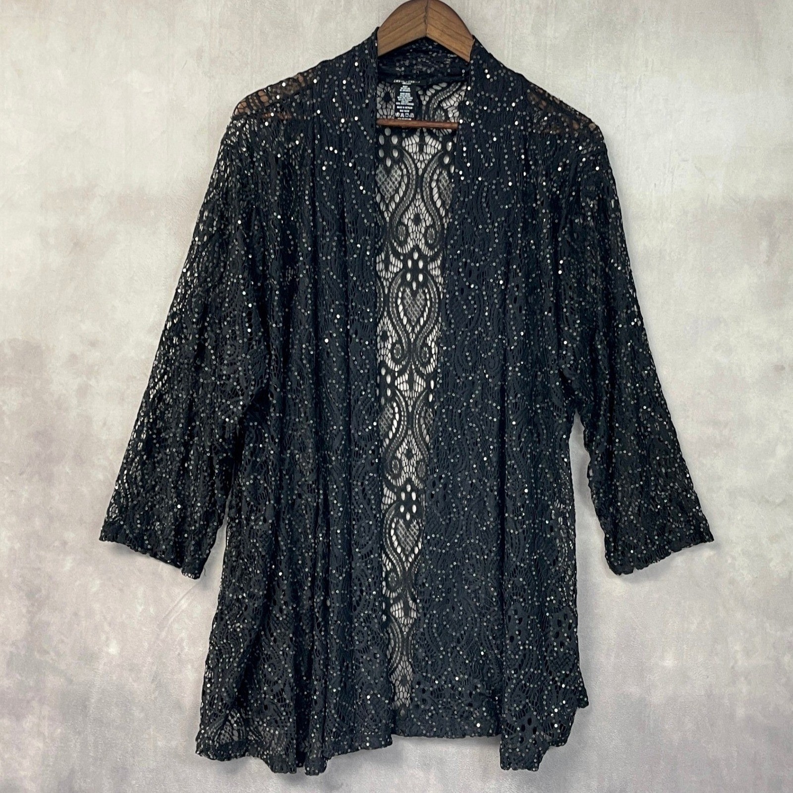 Brittany Black Woman Lace Sequin Open Cardigan Top 3X Stretch Glam Elegant Femme