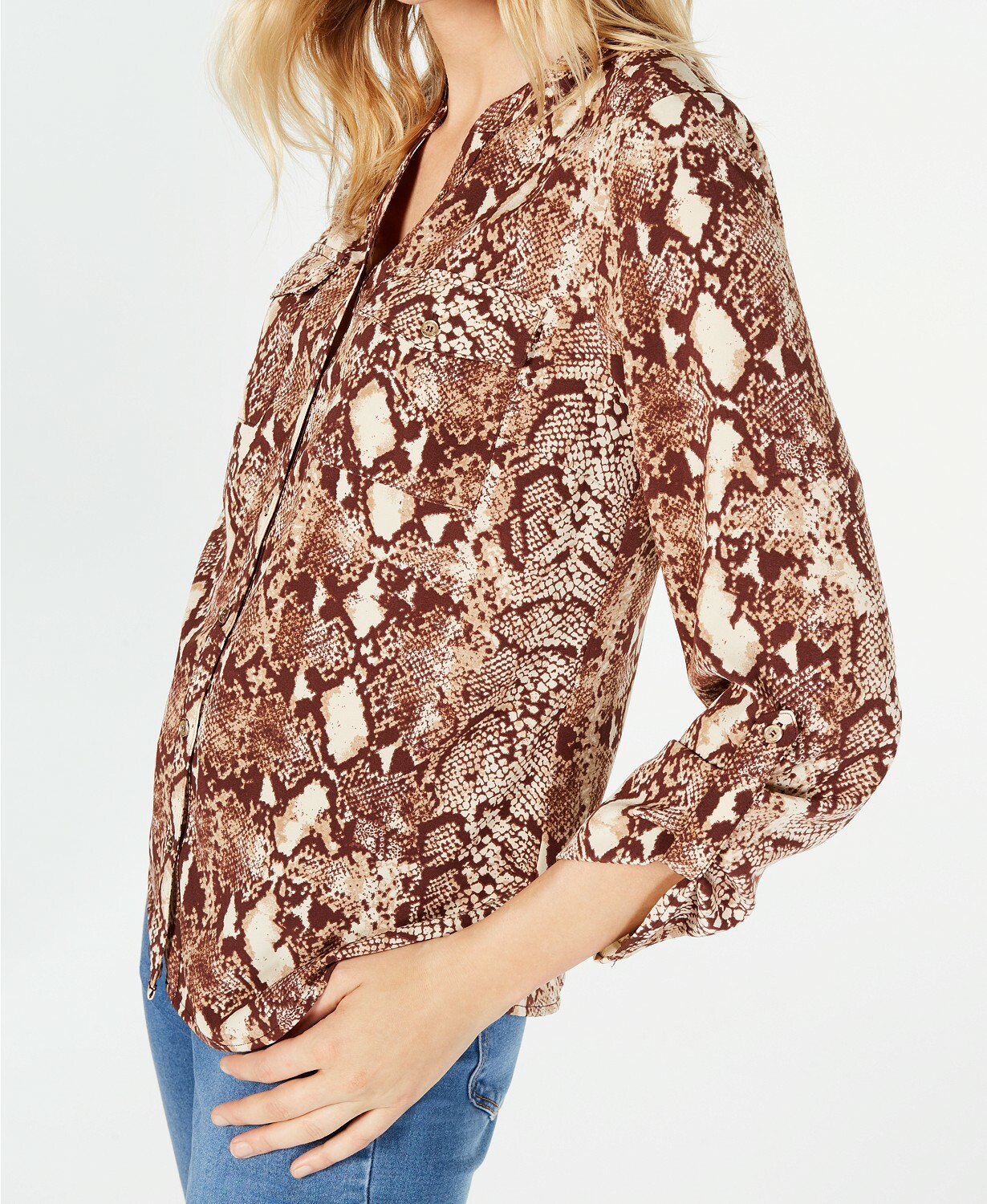 Ny Collection Women’s Petite Animal Print Utility Shirt Brown PL