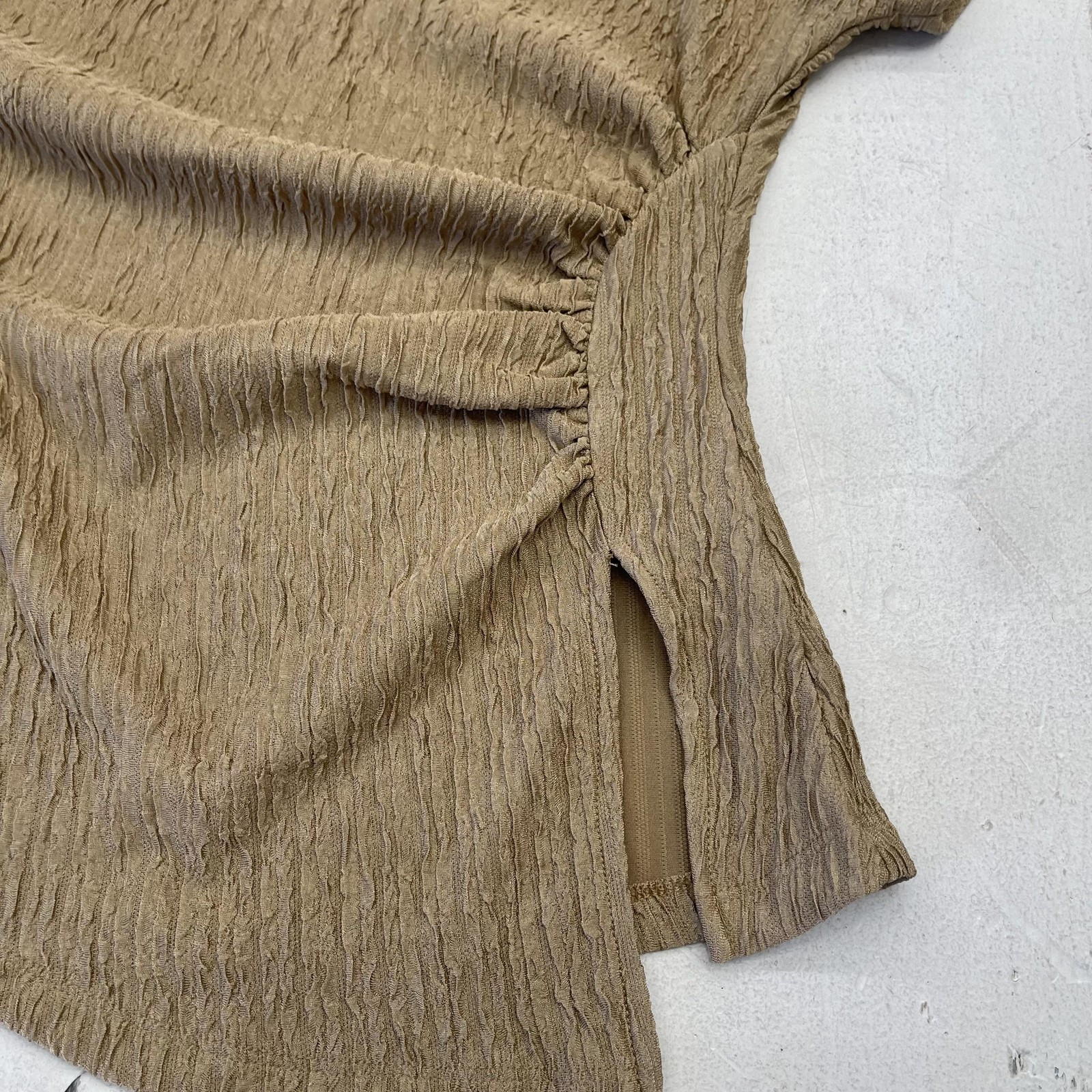 IRIS Blouse Womens Small Brown Boat Neck Short Dolman Sleeve Ruched Top