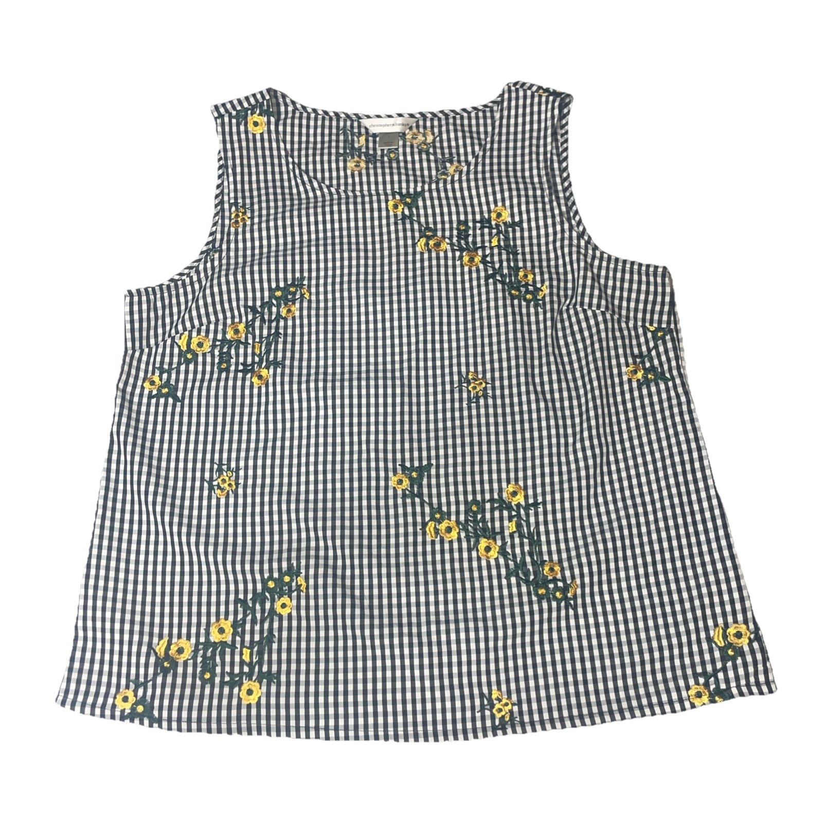 Women’s Checkered PolyCotton Tank Top Floral Embroidered Cottagecore Size L