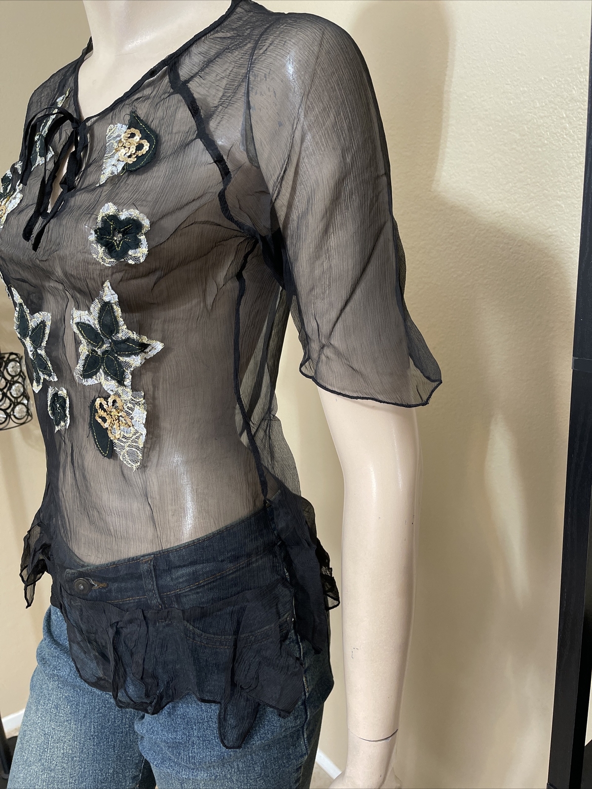 Women’s Black Silk Casual Summer Sheer Beaded Embroidered Lace Size L Blouse Top