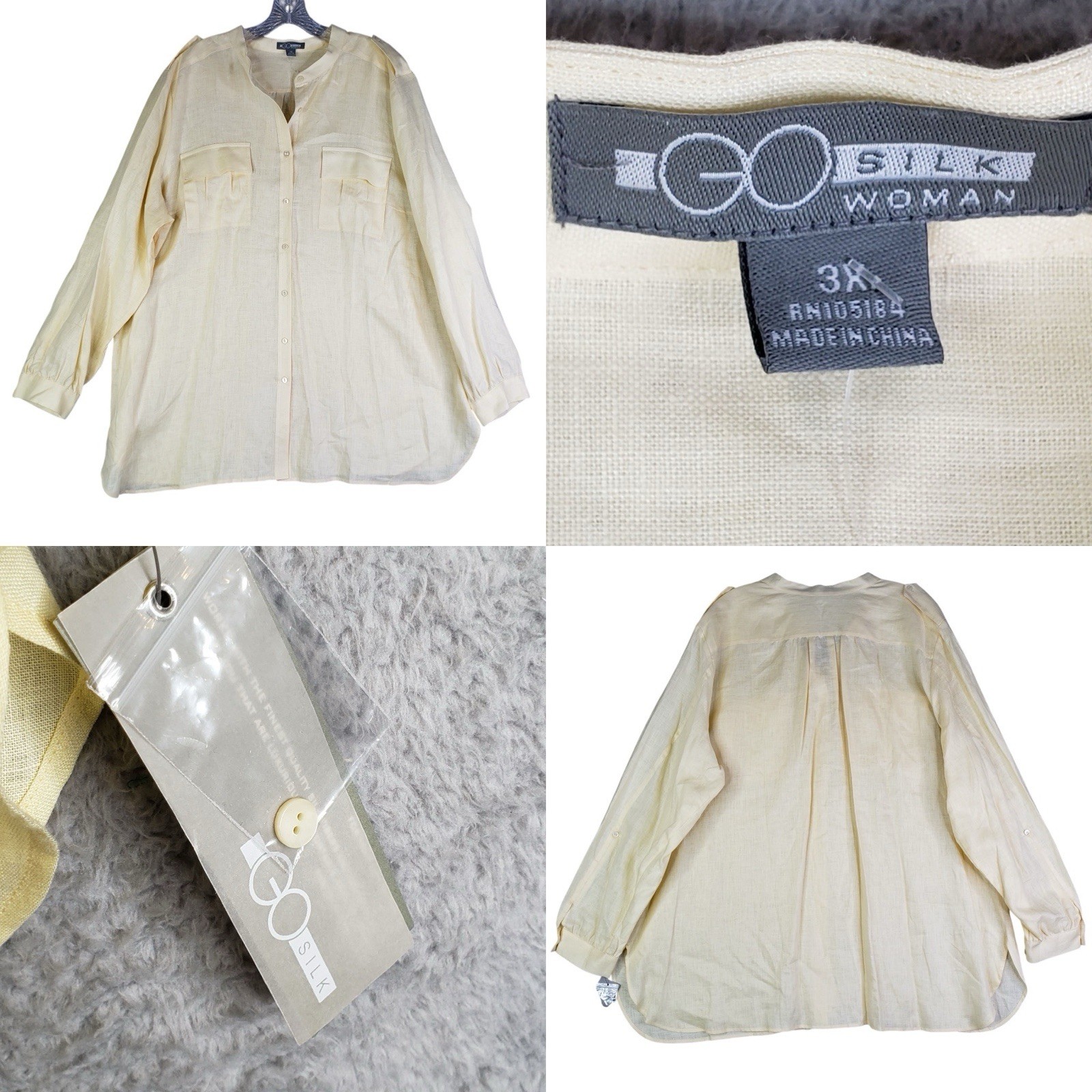 Go Silk 100% Linen Button Up Shirt White Size 3X Coastal Hamptons Mandarin