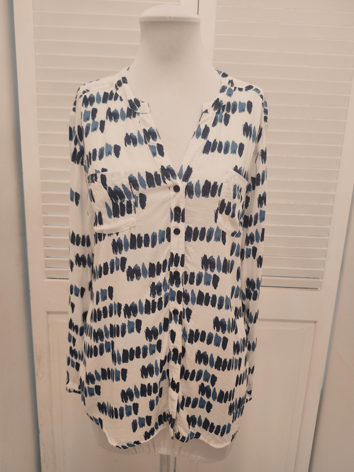 Mat De MISAINE France TOP BLOUSE White Blue V Neck Long Sleeve 40 M – L, EU FR