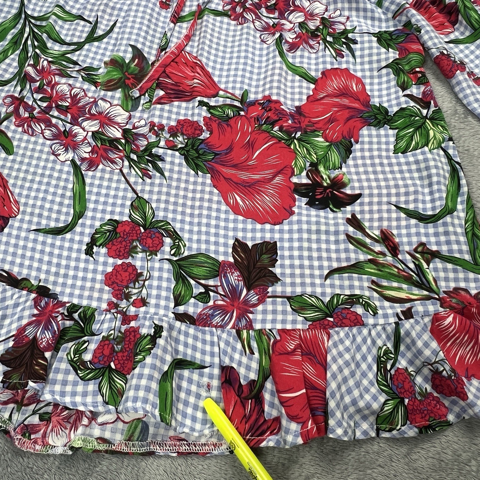Aura Blue Women Med Peasant Gingham Blue Red Floral Boho Blouse Ruffle *See Pics