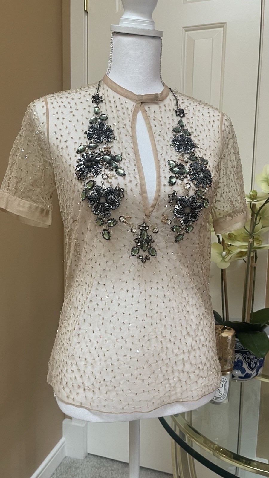 Brian Reyes Embellished Tulle Blouse Size 4 Couture Beaded Top