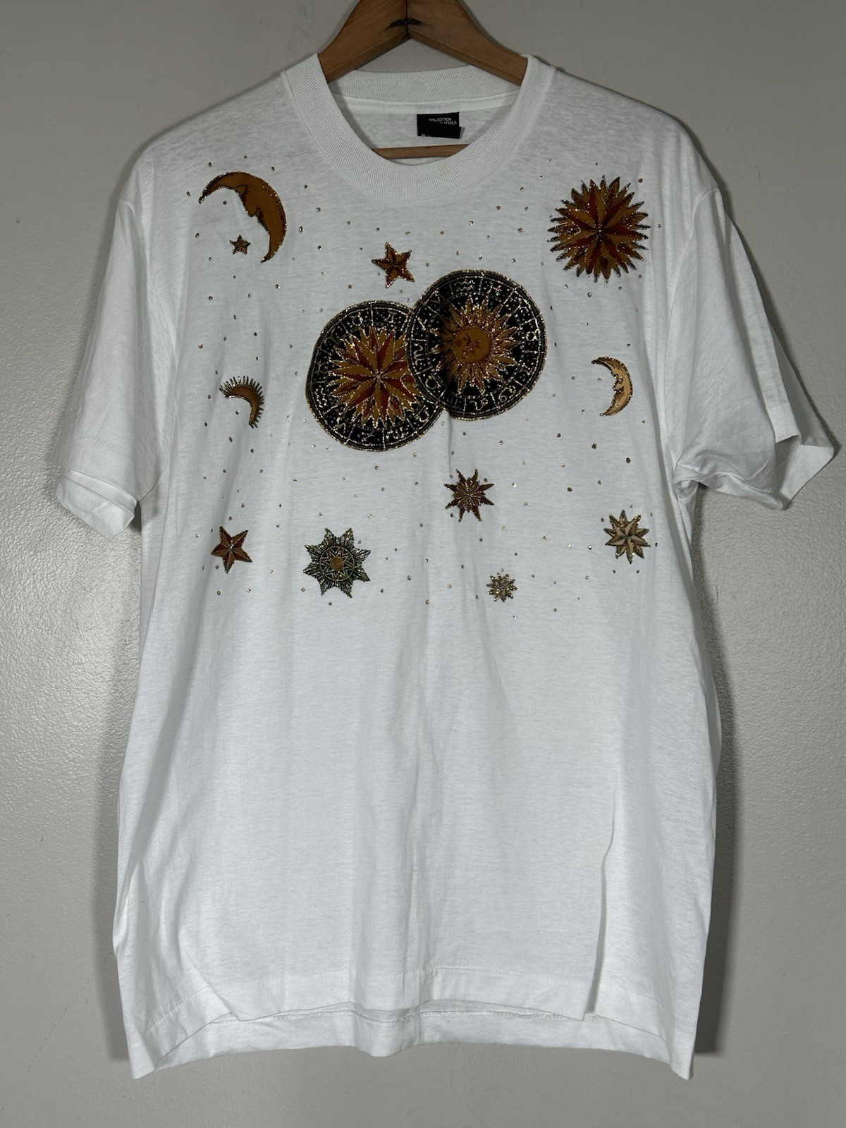 Vtg 90s Celestial Stars Moon Custom Decorated Puff Paint T Shirt Screen Stars