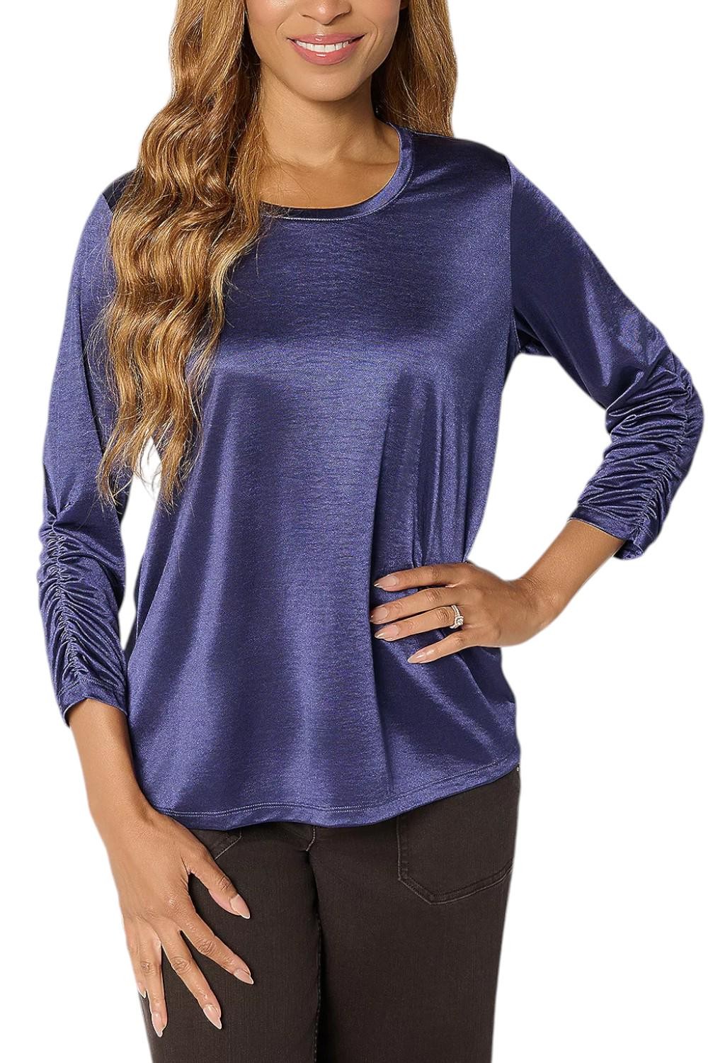LOGO by Lori Goldstein Women’s Satin 3/4 Ruched Slv Top Astral Aura