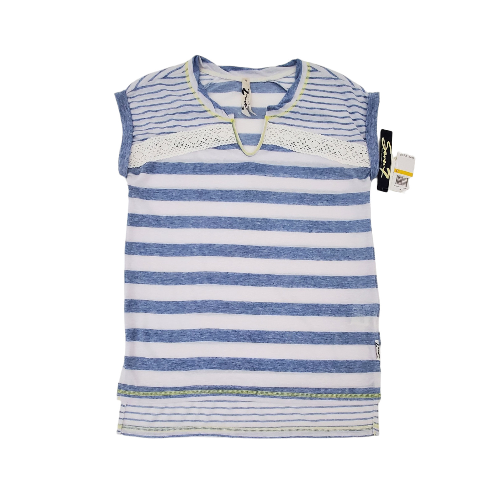 Seven7 Shale Blue & White Striped Short Sleeve T-Shirt Women’s Size Small Tee