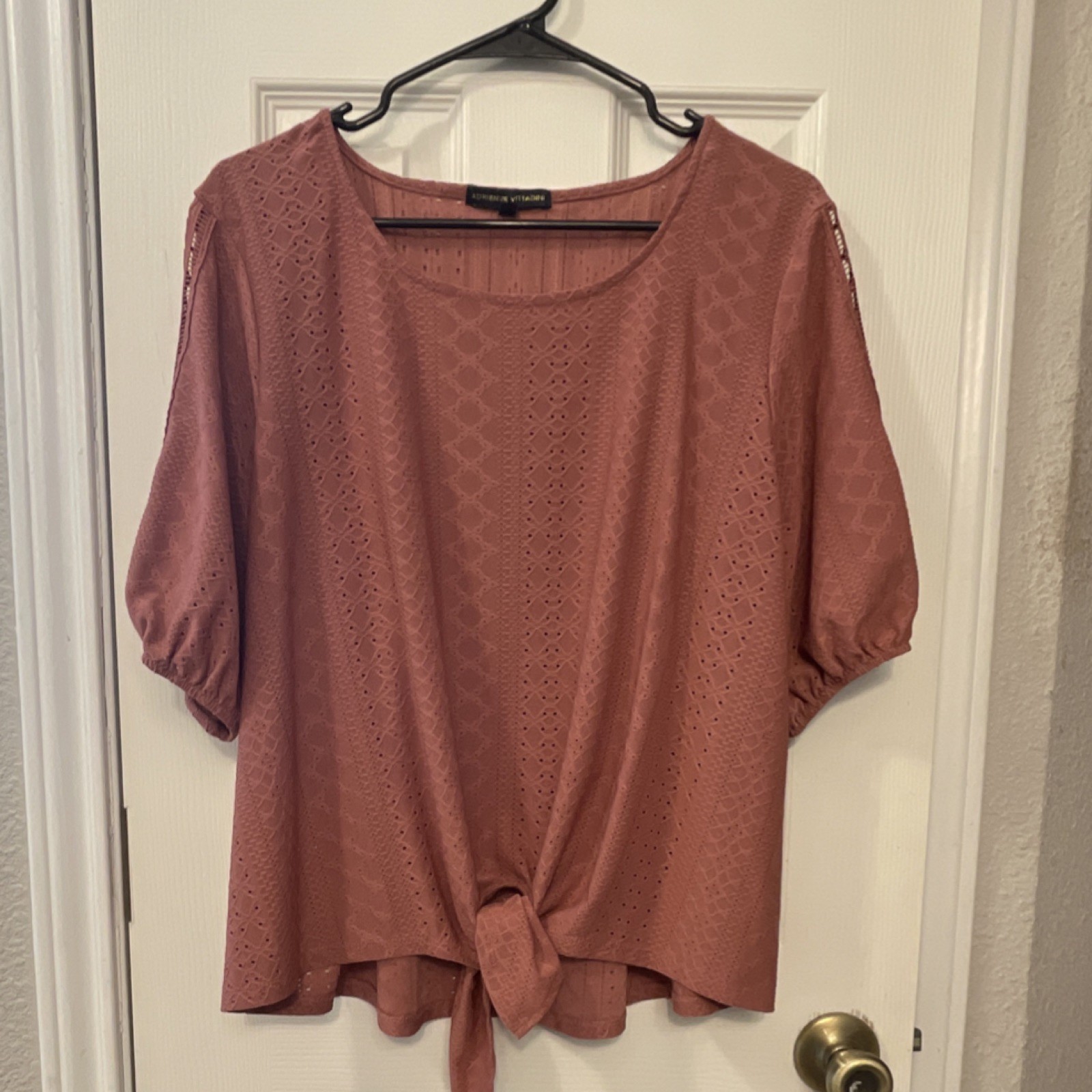 Adrienne Vittadini Pink Eyelet Round Neck Tie Front 3/4 Puff Sleeve Blouse XL