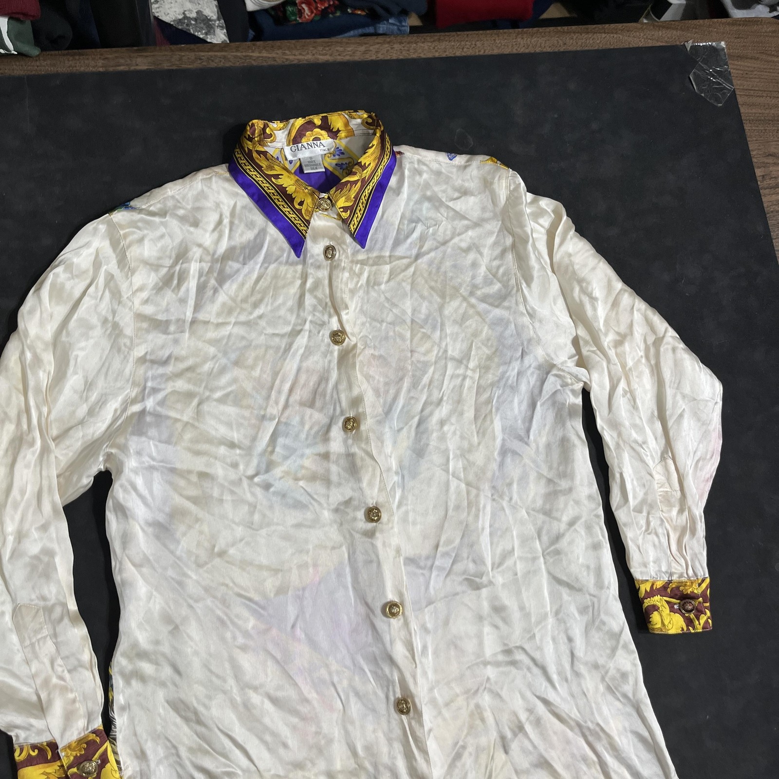 Vintage Silk Butterfly Tunic Italy Gianna Shirt Small 1980s Versace Gucci Button