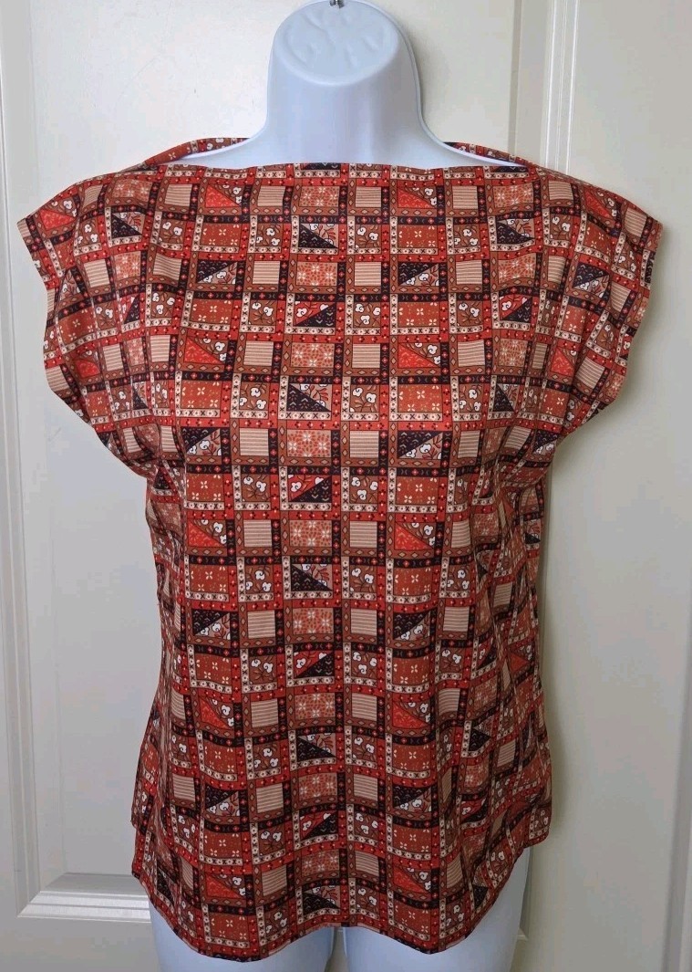 Vtg 70s Hand Made Double Knit Brown Orange Print Boat Neck Blouse Top Small?