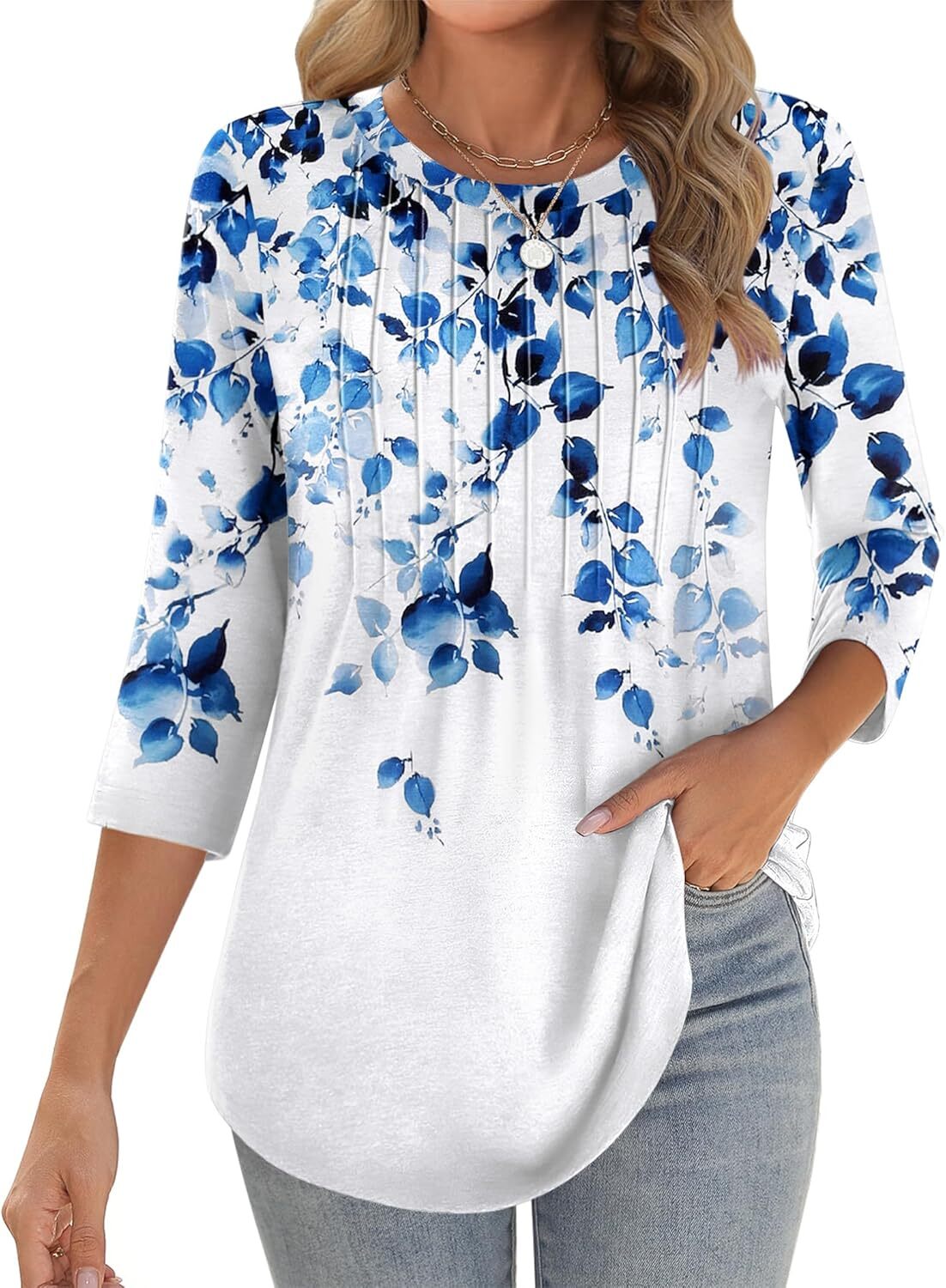 Womens 3/4 Sleeve Tunic Top Loose Fit Pleated Crew Neck Summer Casual Blouse
