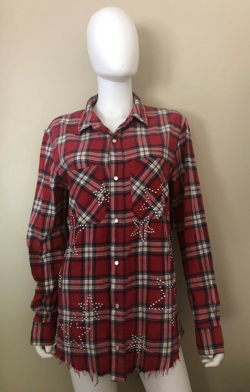 AMIRI Stars Embellished Checked Flannel Button Down Red Shirt Size Samll