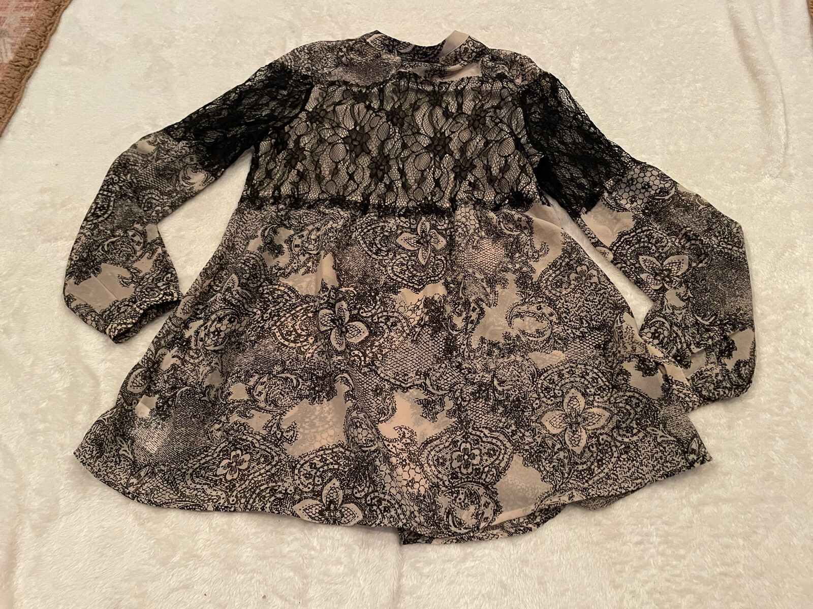 Miss Me lace fringe flowy sheer blouse shirt womens size small black tan EUC