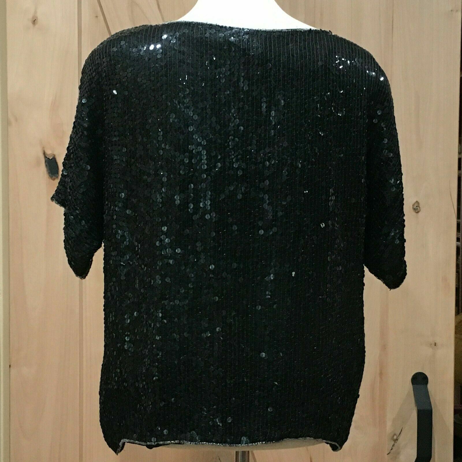 Vintage JEAN for JOSEPH LE BON Silk Black Sequined Floral Top Large Glam
