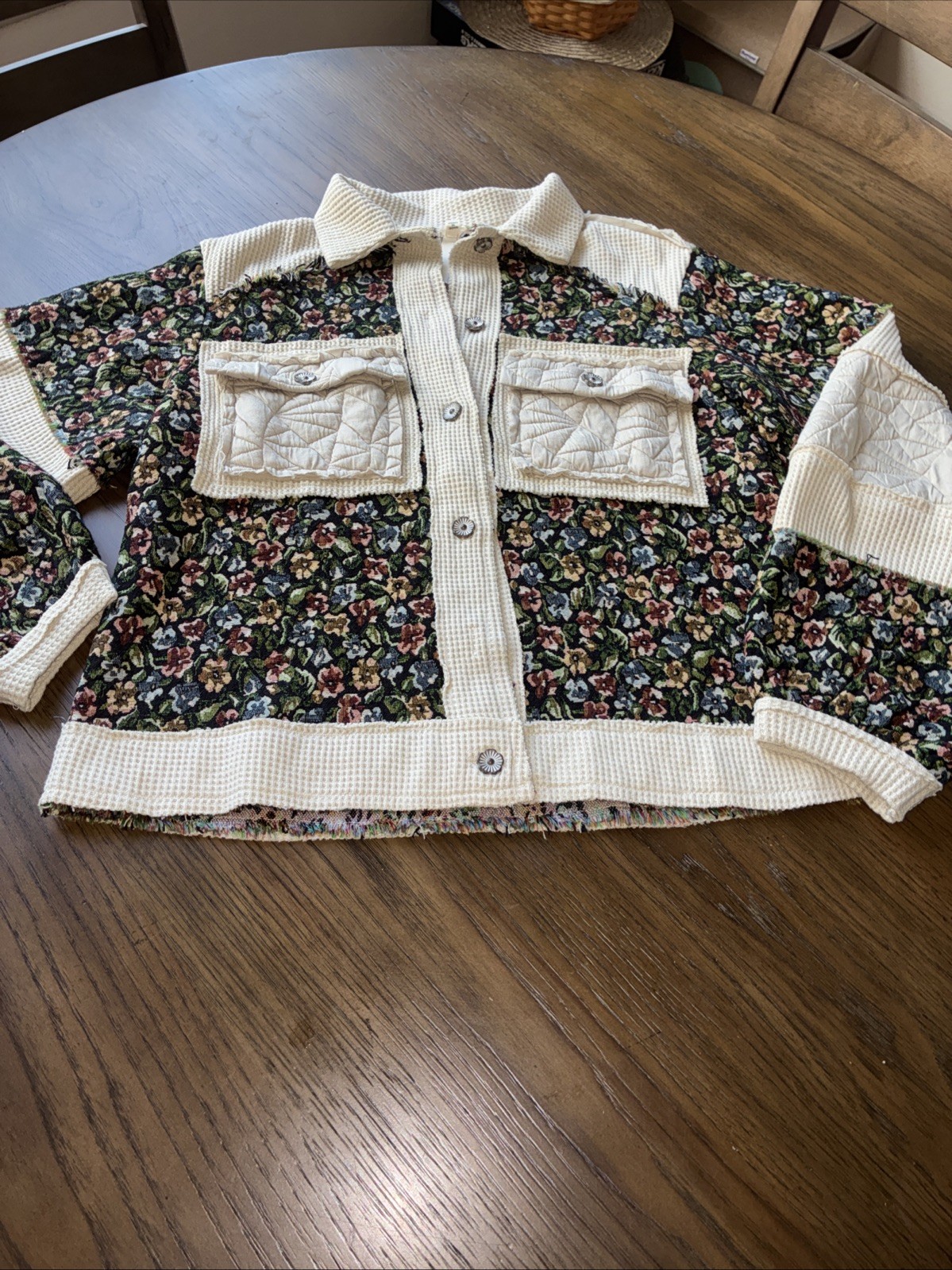 POL S Jacquard Patch Button Down Jacket In Cream And Black