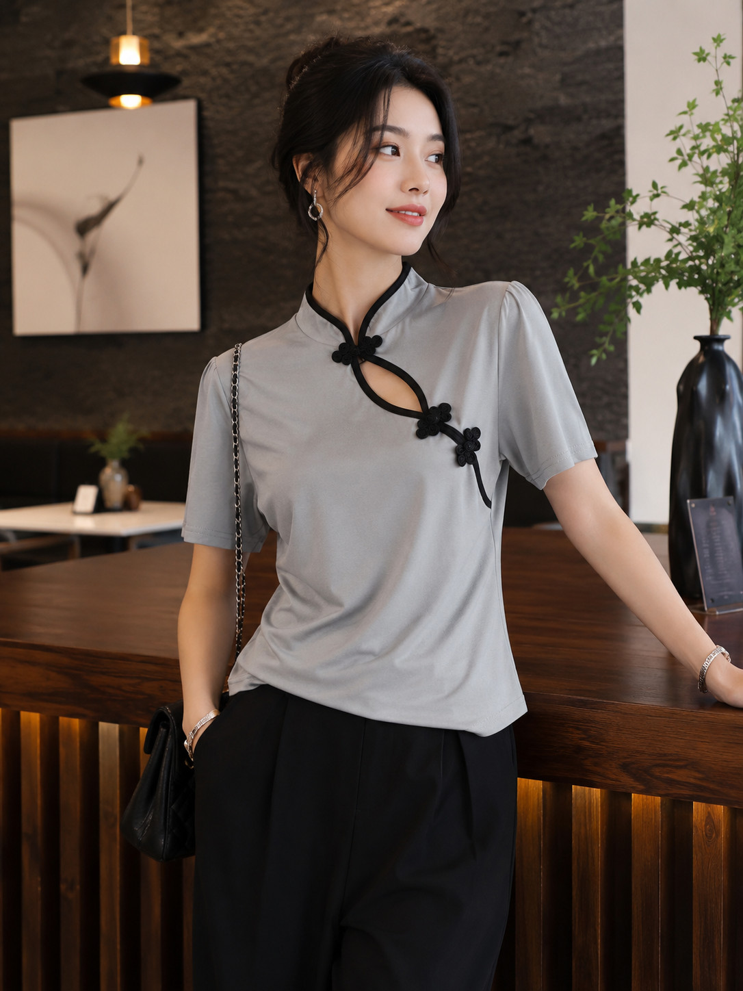 SHEIN Gray Mandarin Collar Frog Closure Top Size LRG Short Sleeve Asian Inspired