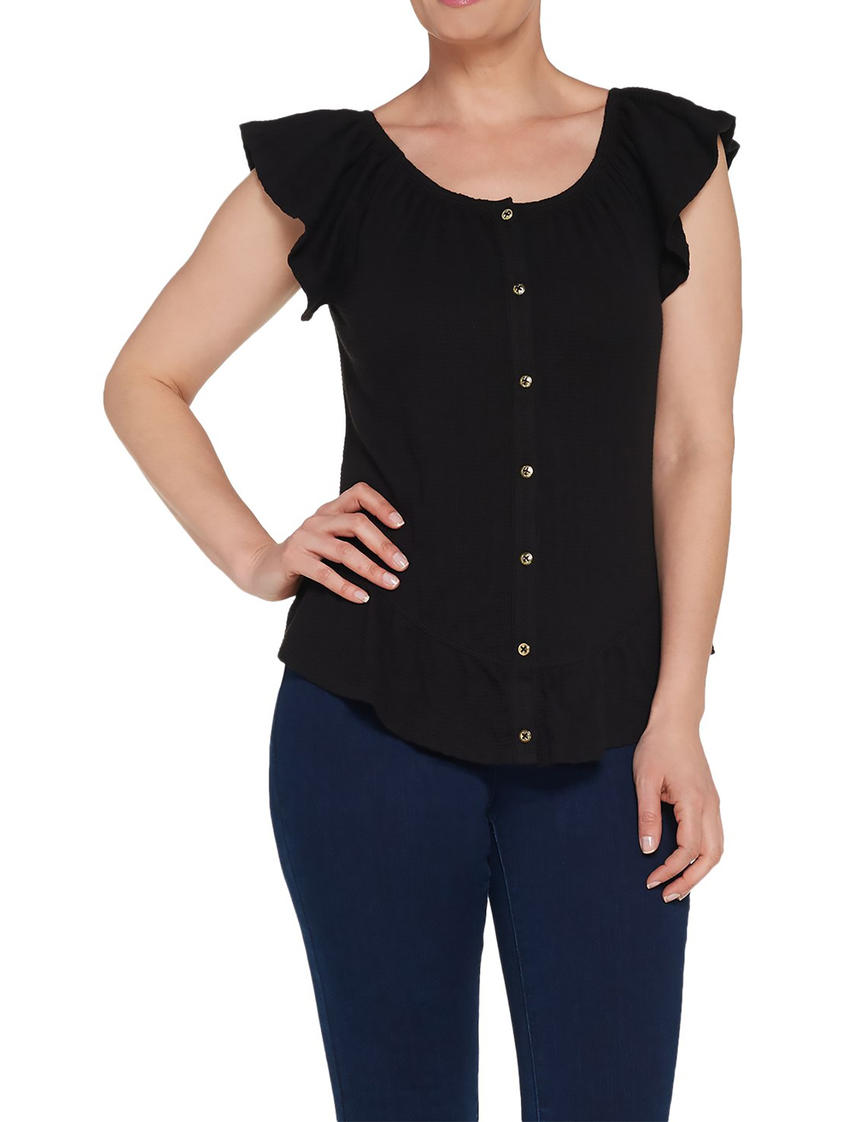 DU JOUR Size M Button Front Textured Knit Top with Ruffle Detail BLACK