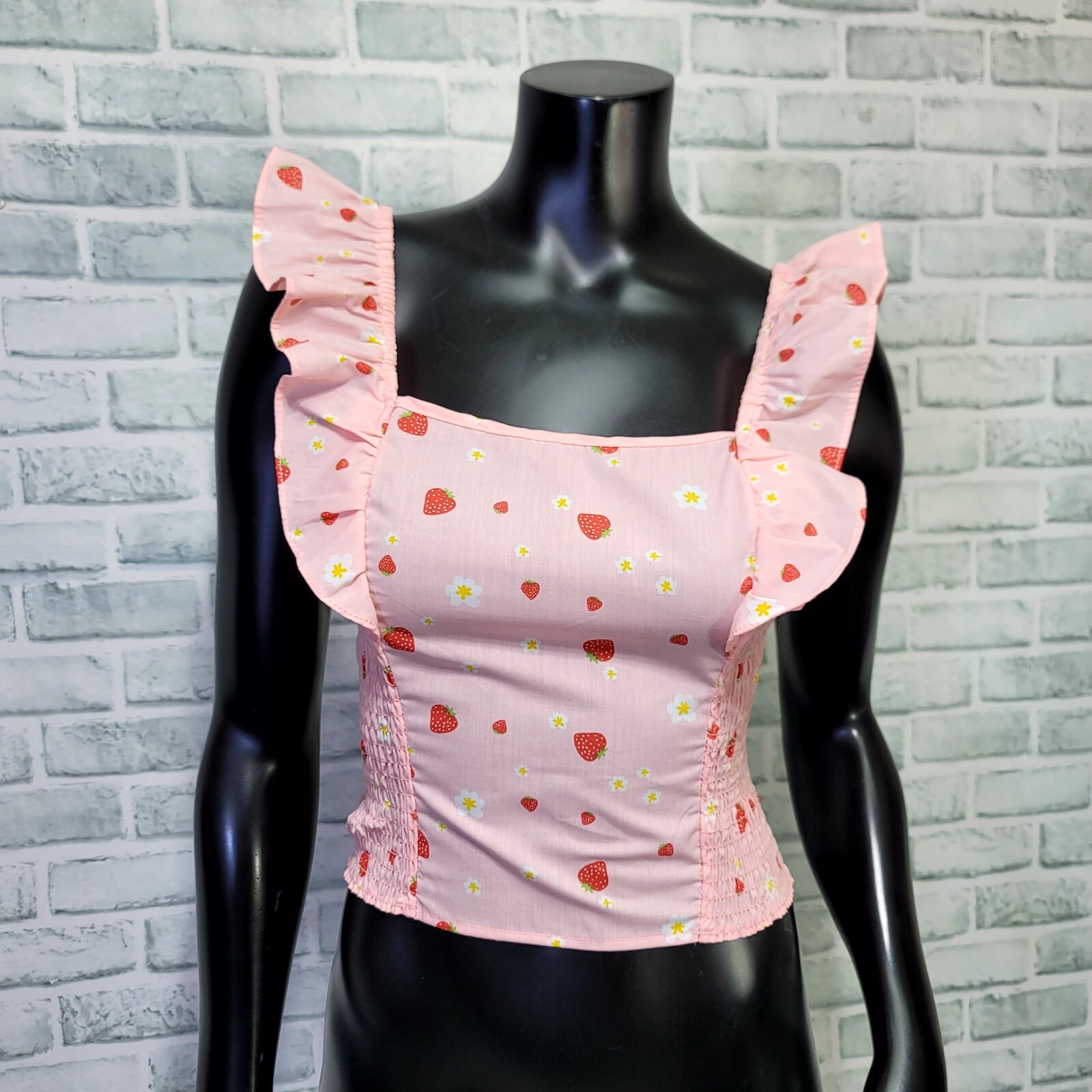 No Frills Womens S Pink Strawberry Pattern Smocked Sides Ruffle Straps Crop Top