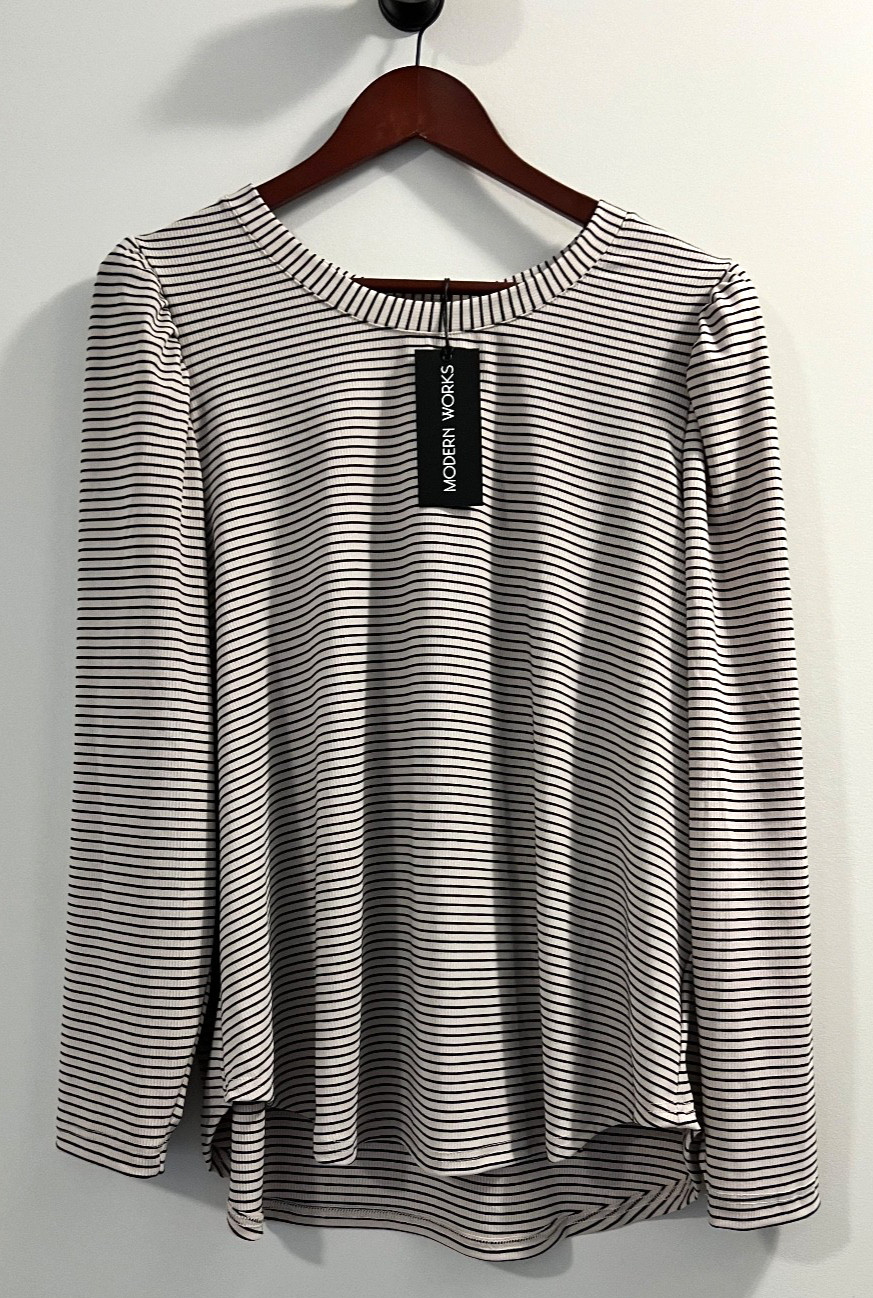 Modern Works Tan and Black Stripe Stretch Ribbed Pullover Top Size 1X NWTS