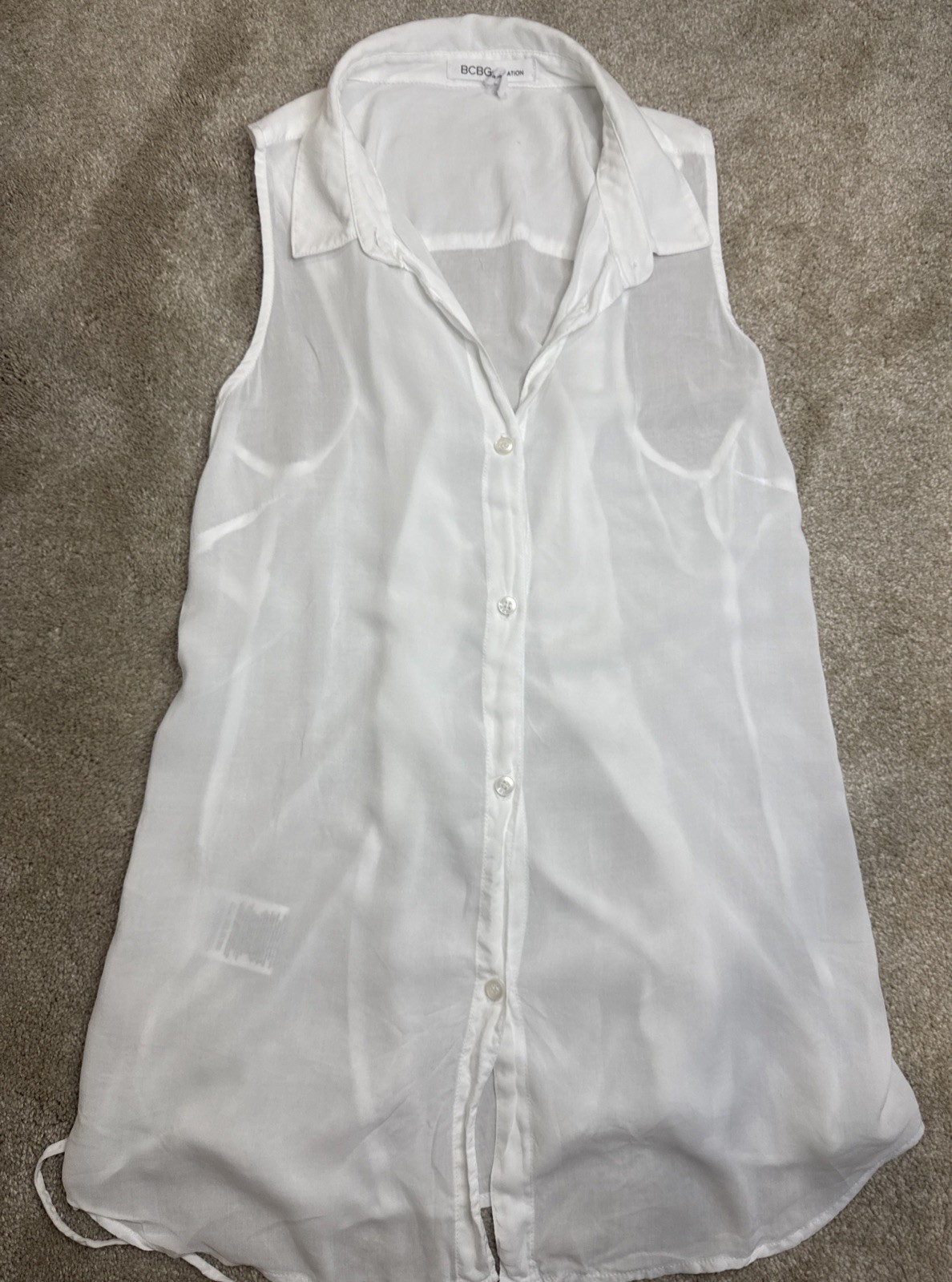 BCBG Generation White Sheer Button Up Collared Sleeveless Back Tie SizeM