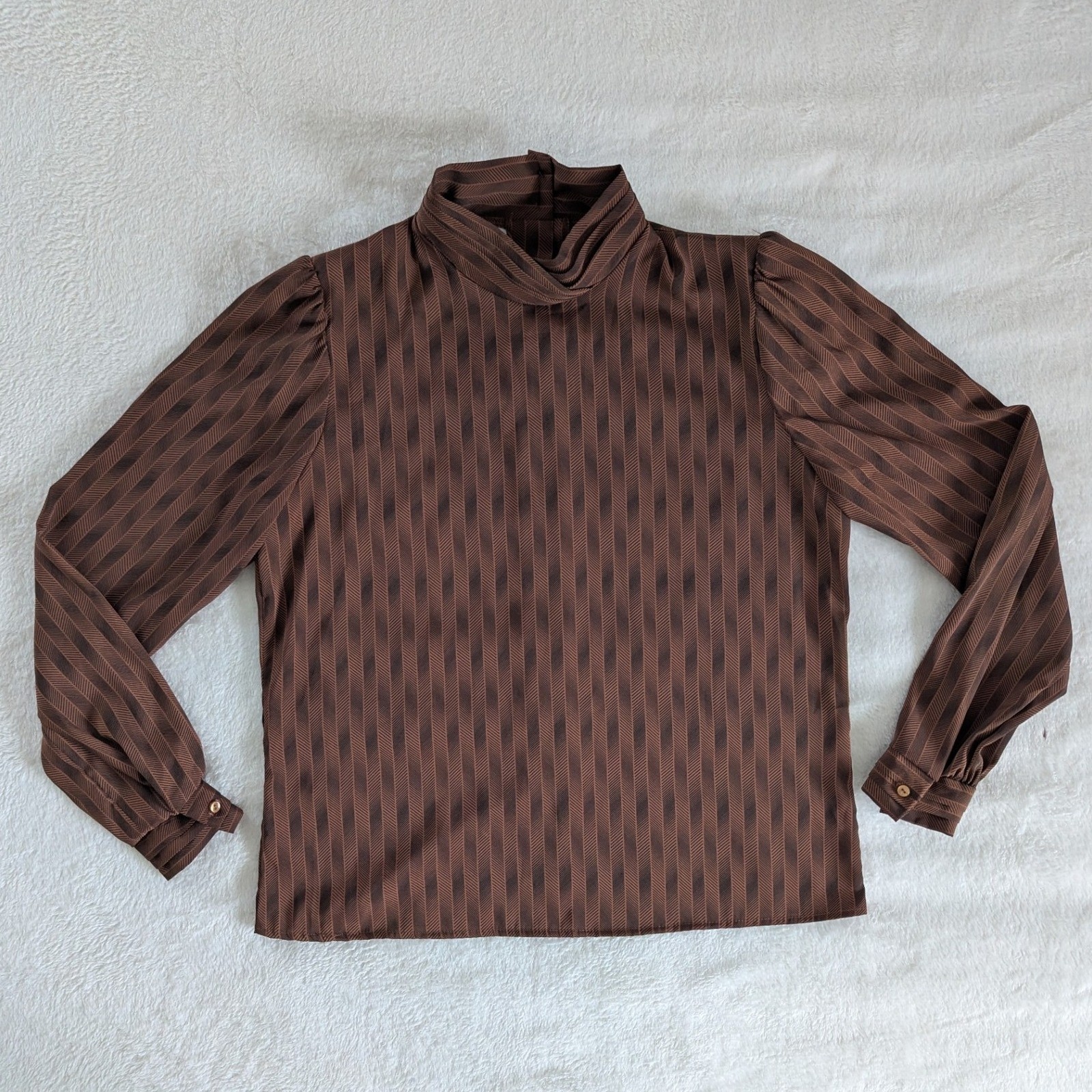 Vtg Jonathan Martin Striped Mock Neck Blouse Brown Puff Sleeve Womens Sz 9/10