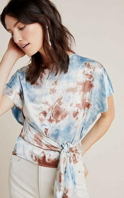 New $148 Anthropologie Tina + Jo TIE-DYED Satin Lg 12 / 14 Blue Brown Wrap Top