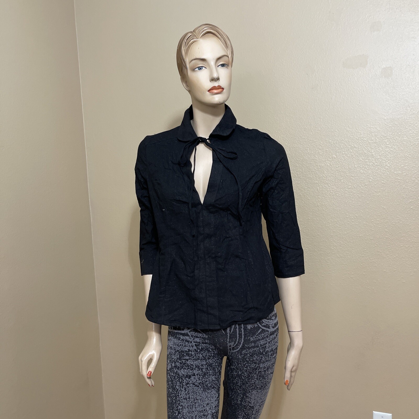 Women’s Black Silver Cotton Casual Button Zipper Glitter TieSize L Top Blouse