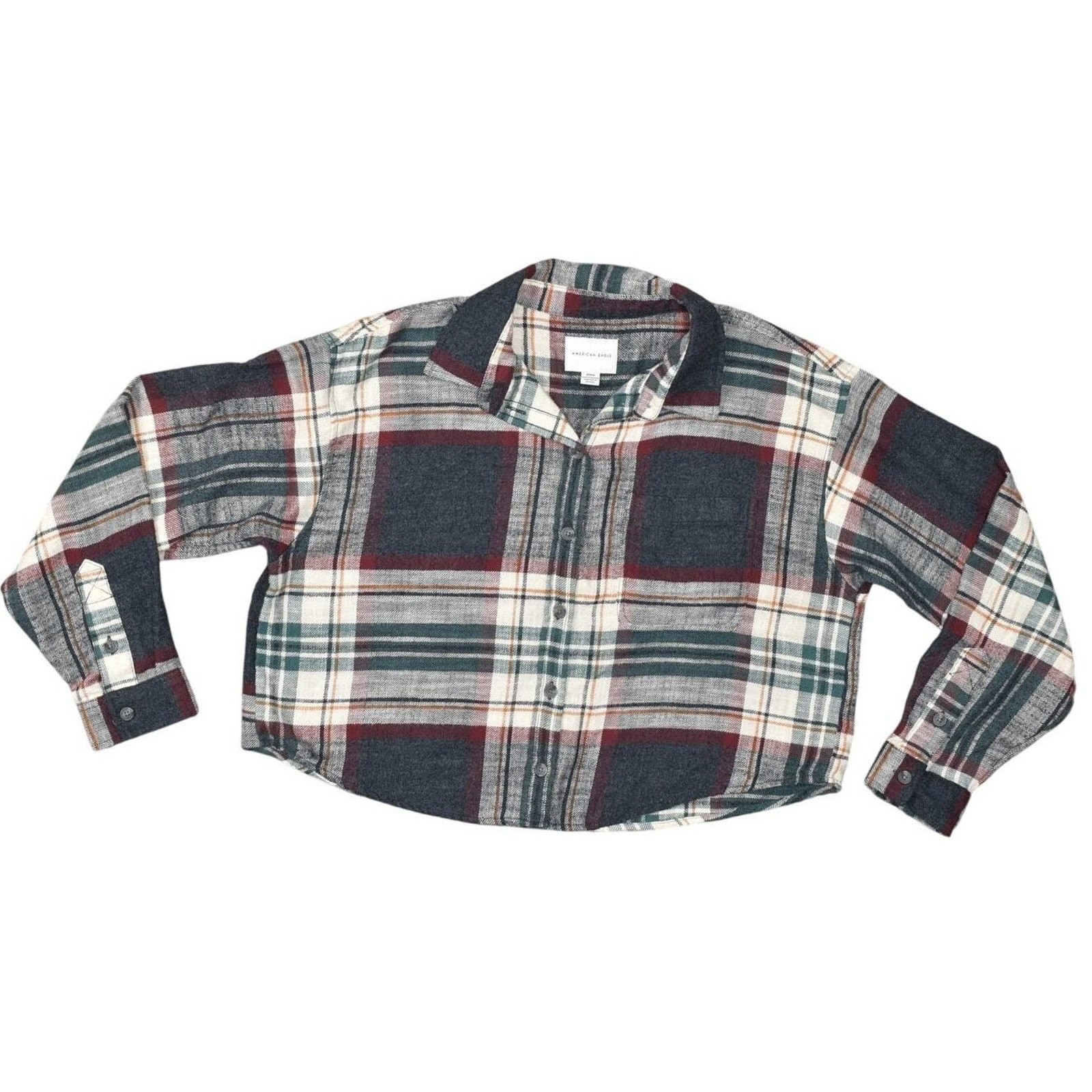 American Eagle Women’s Multicolor Plaid Button-Up Cotton M Long Sleeve Top