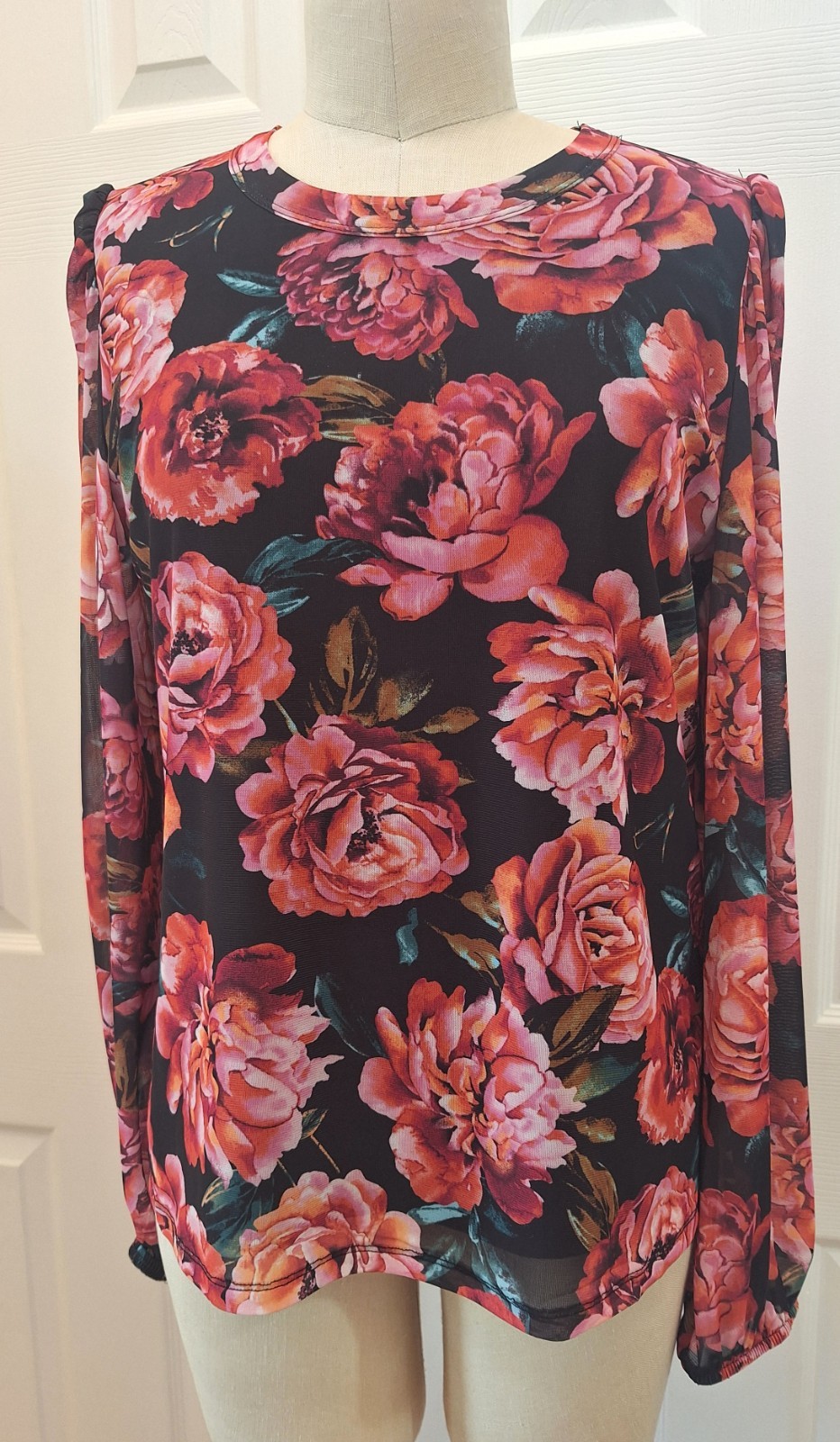 Kim & Cami Los Angeles Sheer Long Sleeve Floral Multicolor Shirt Size: L