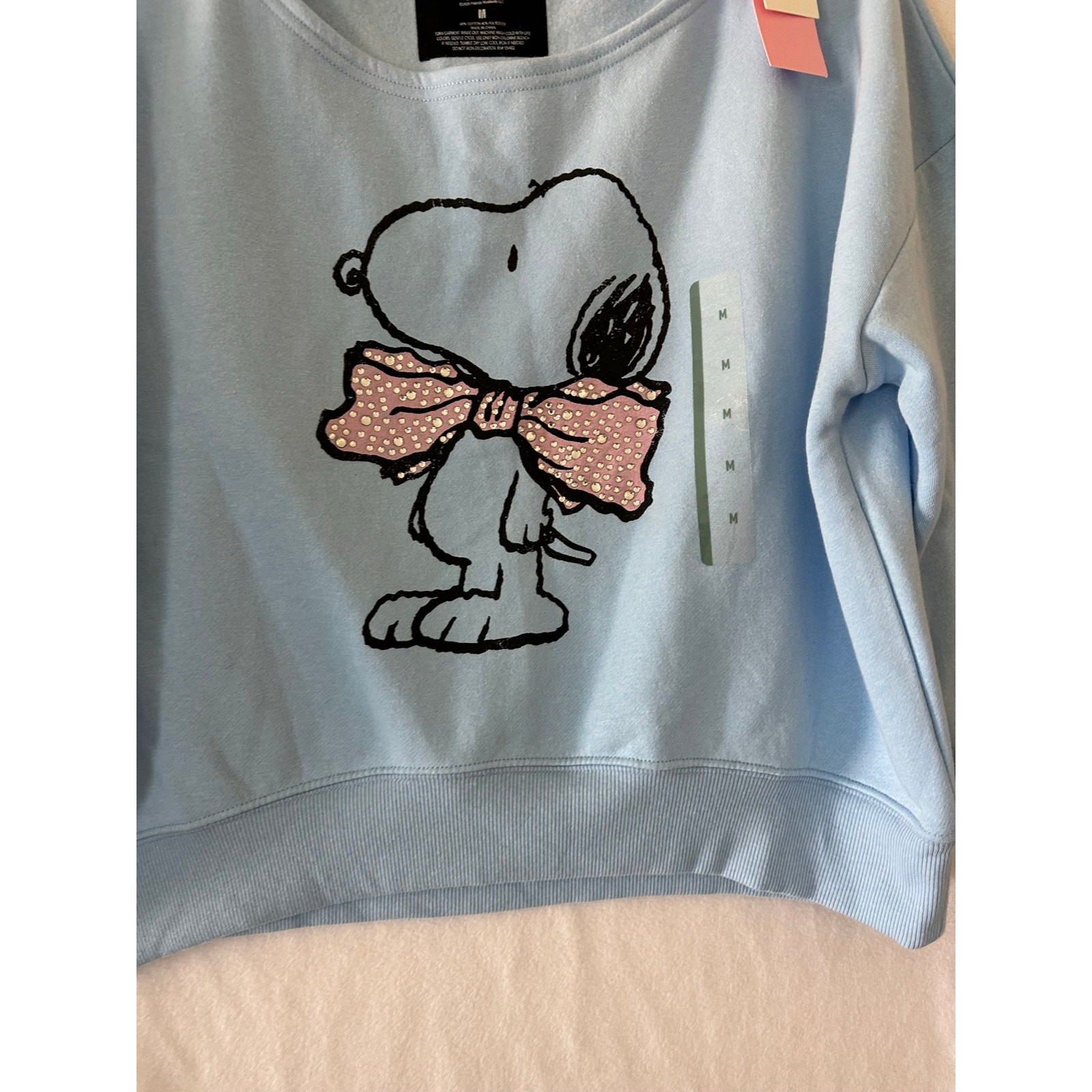 NWT Peanuts Snoopy Blue Sweatshirt Top M Rhinestones Wide Neck