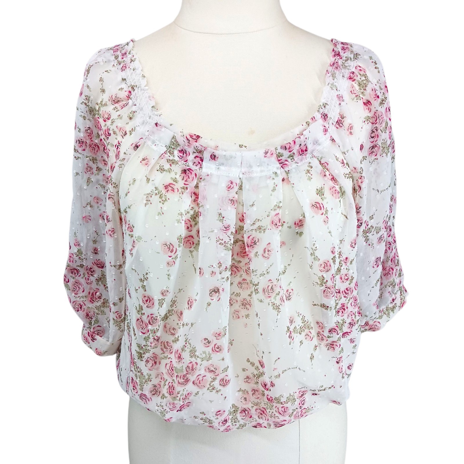 Etam Women’s Crop Top Cottage Pink Floral Print 3/4 Puff Sleeves Romantic Sz S