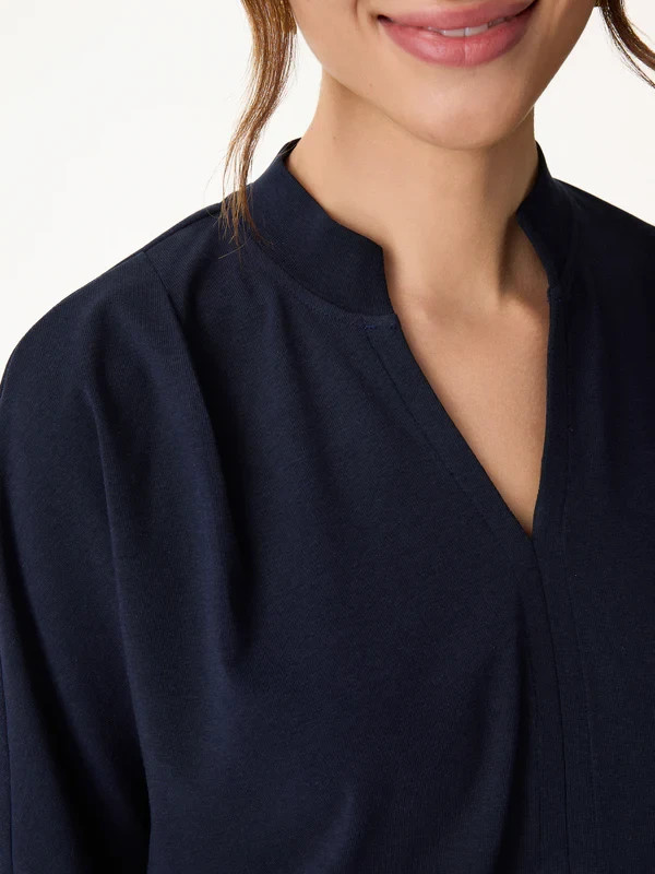 Women’s Stand Collar V Neck Short Sleeve Knit Blouse Casual Top, Navy