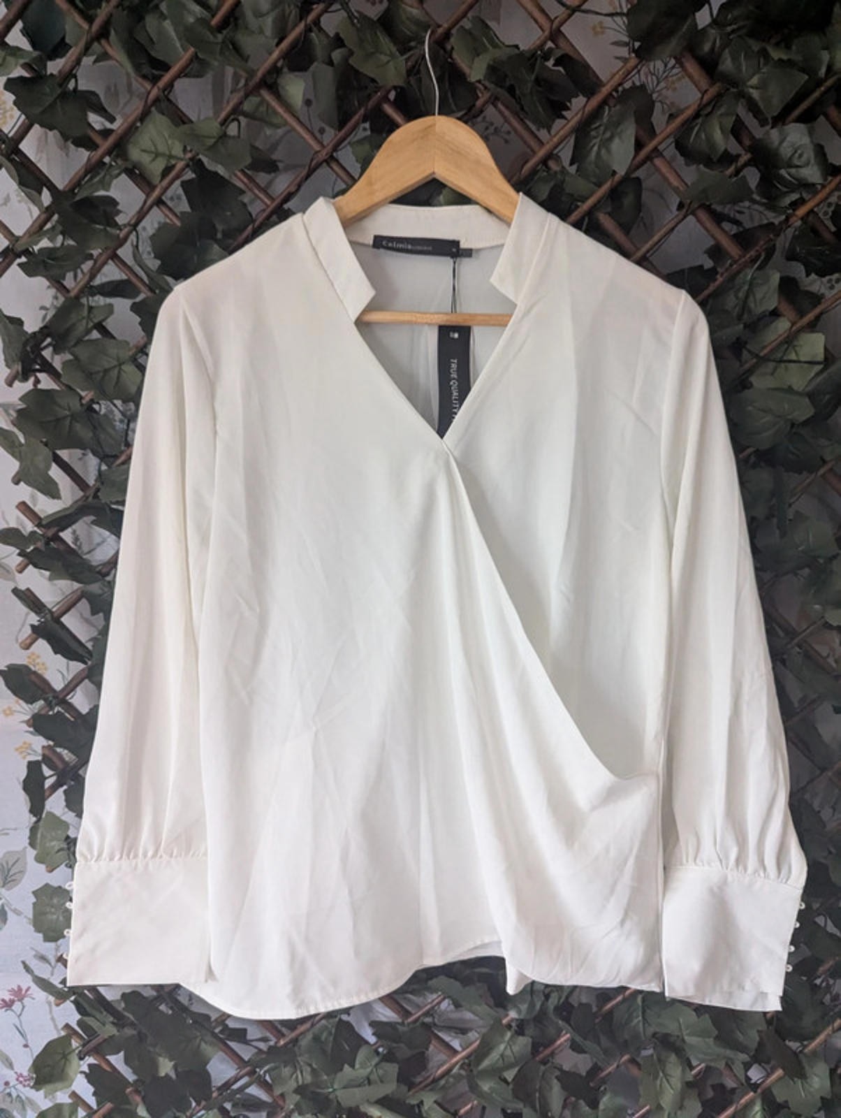 Elegant White Blouse by Celmia – Long Sleeve Wrap Style Top, Size L