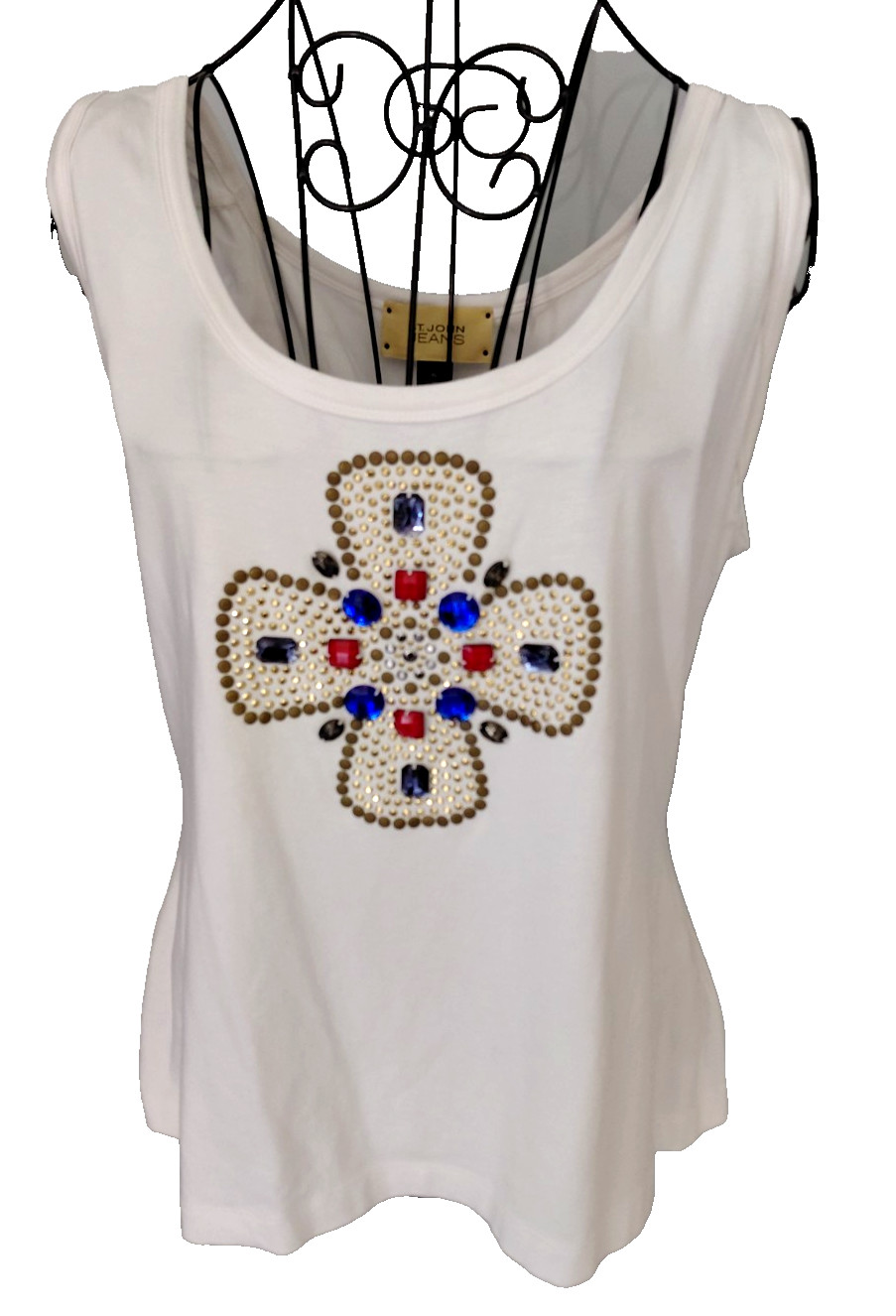 ST JOHN JEANS Classic White Tank Top Womens Sz XL Designer Beaded Studs