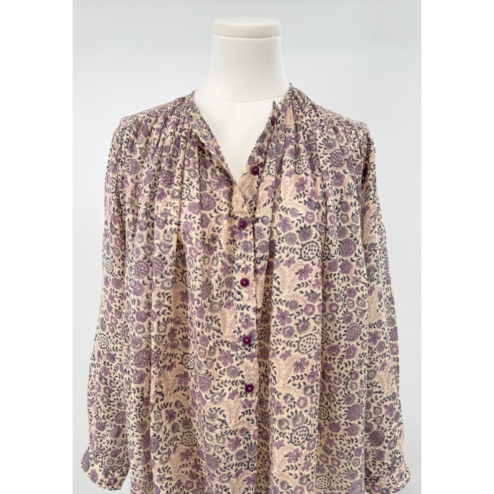 Laurence Bras Floral Blouse Beige Lavender Airy Flowy Top Boho Shirt S