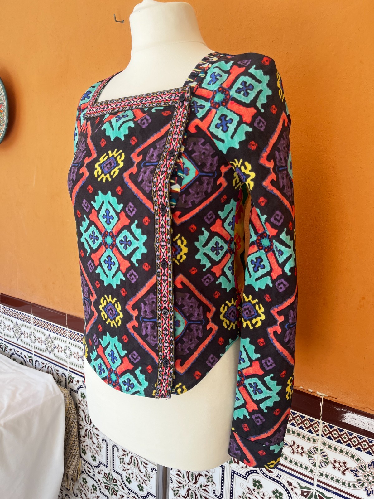 Rachel Roy Boho Ethnic Print Multicolored Blouse Shirt 90s Deadstock XS