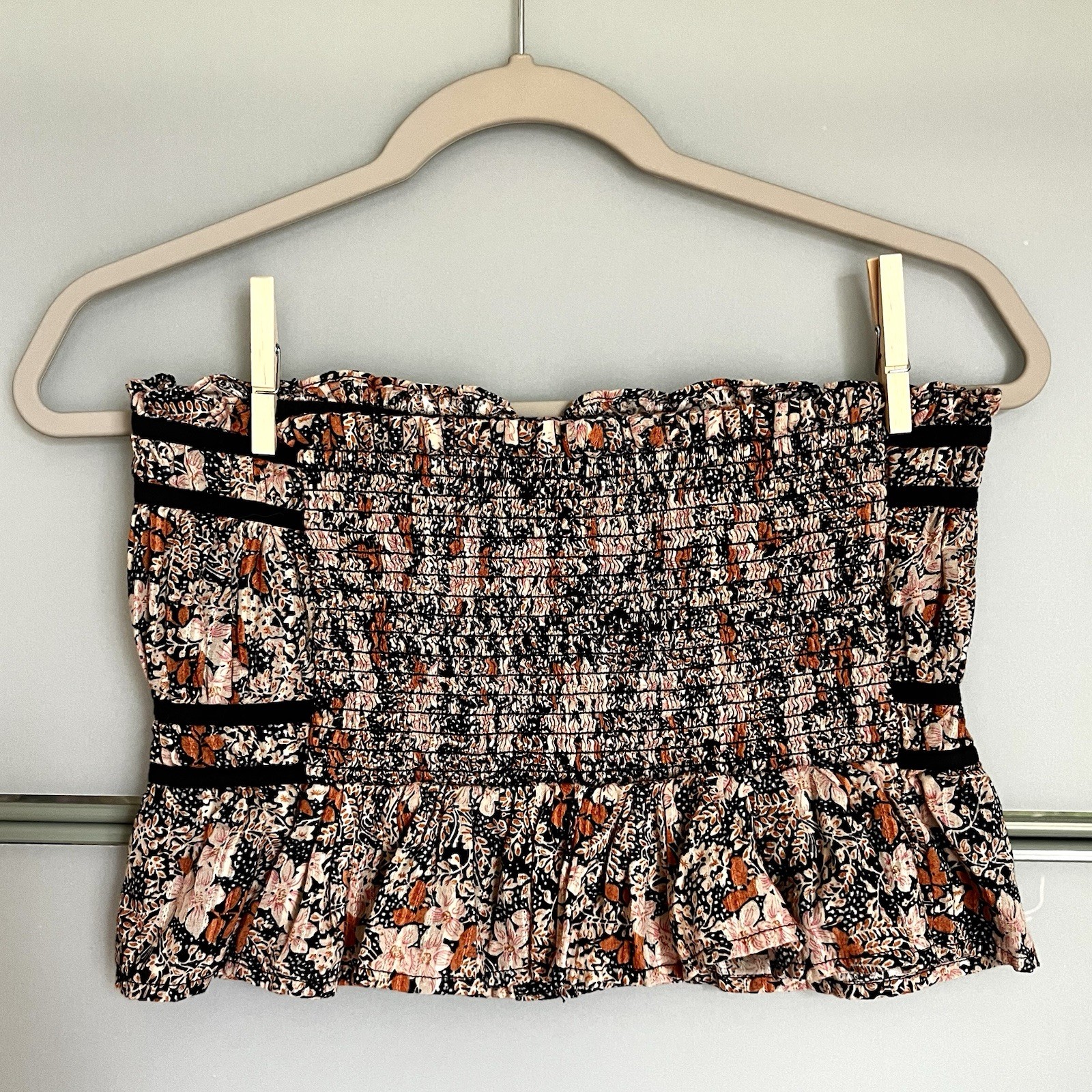 🍂American Eagle Women’s Small Floral Bandeau Tube Top Smocked Strapless Boho