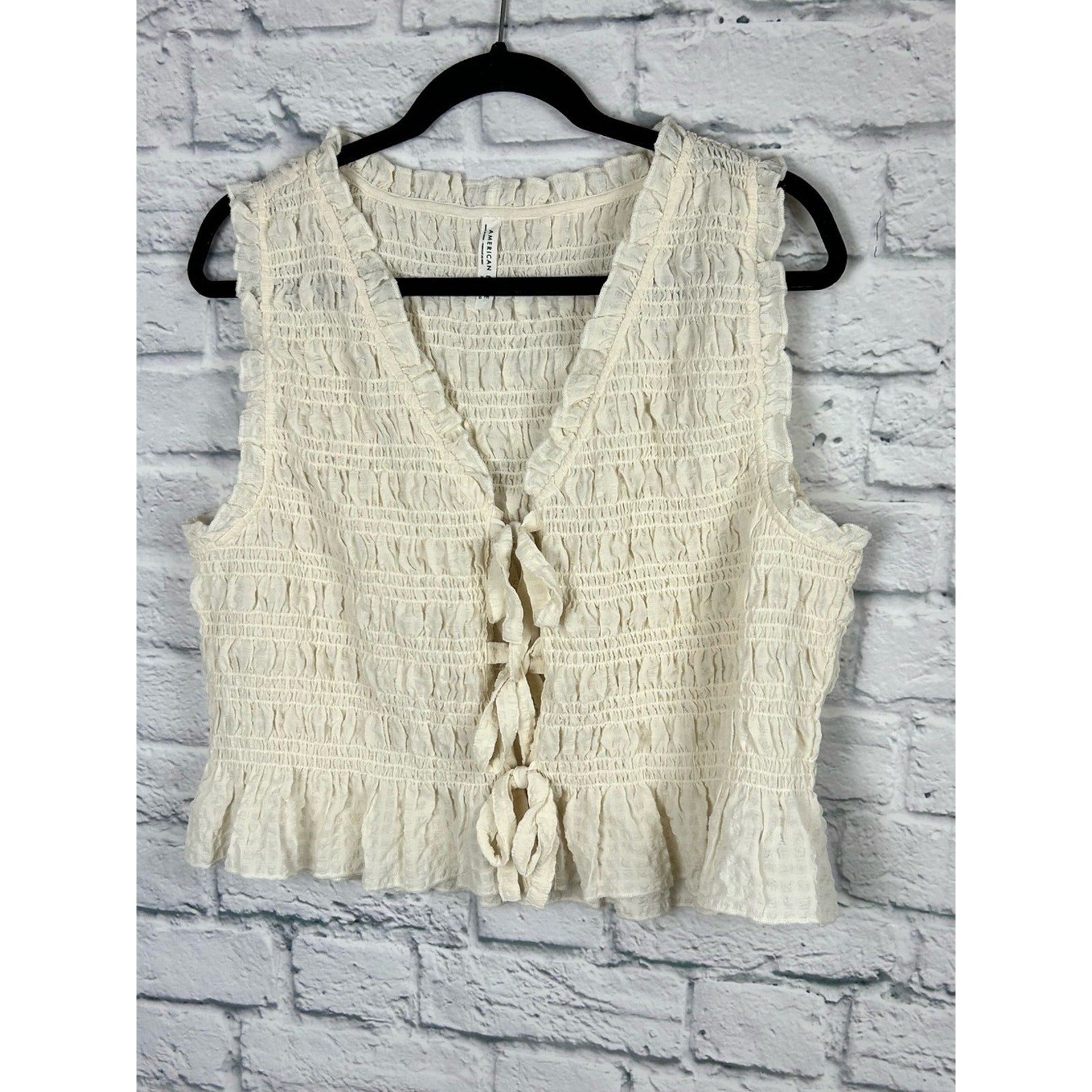 American Eagle Women’s XL Cream Smocked Tie Front Ruffle Peplum Vest Top