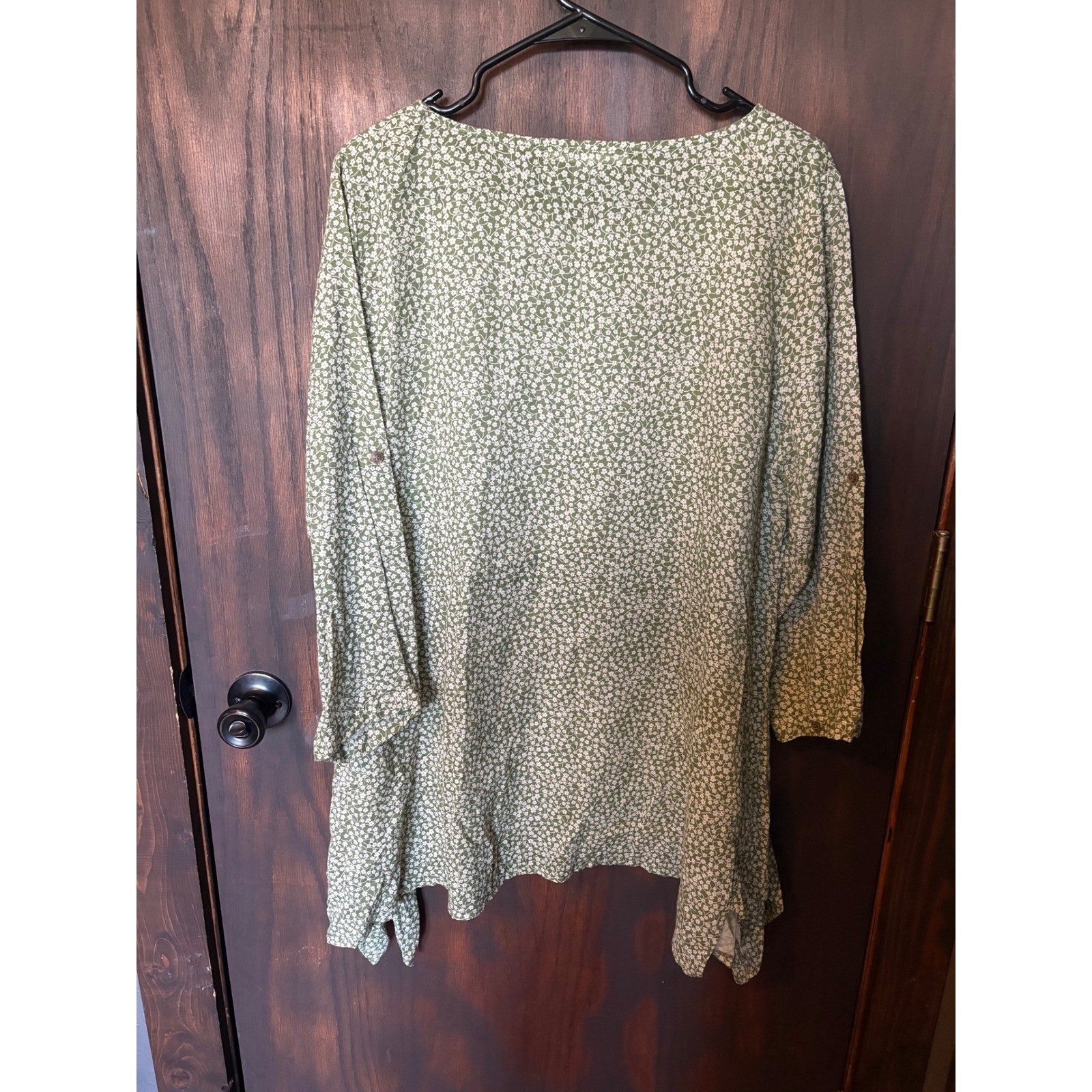 Yea Olive Green Floral Ditsy Sharkbite Tunic Top Long Sleeve Cotton Blend L XL